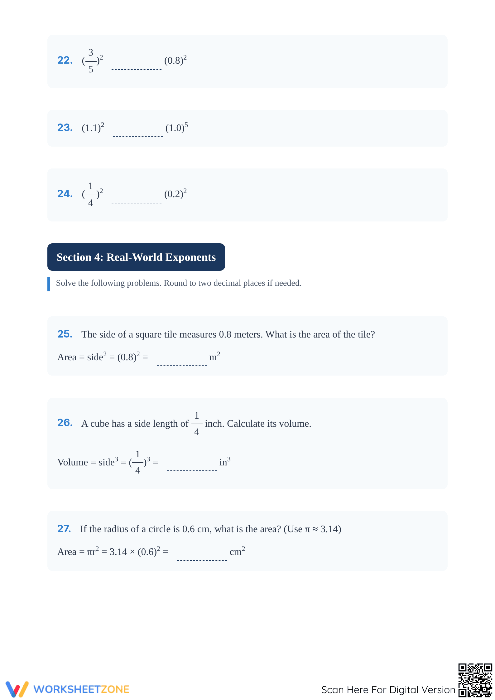 Printable Exponents with Decimal and Fractions | Grade 6-8 - Page 4