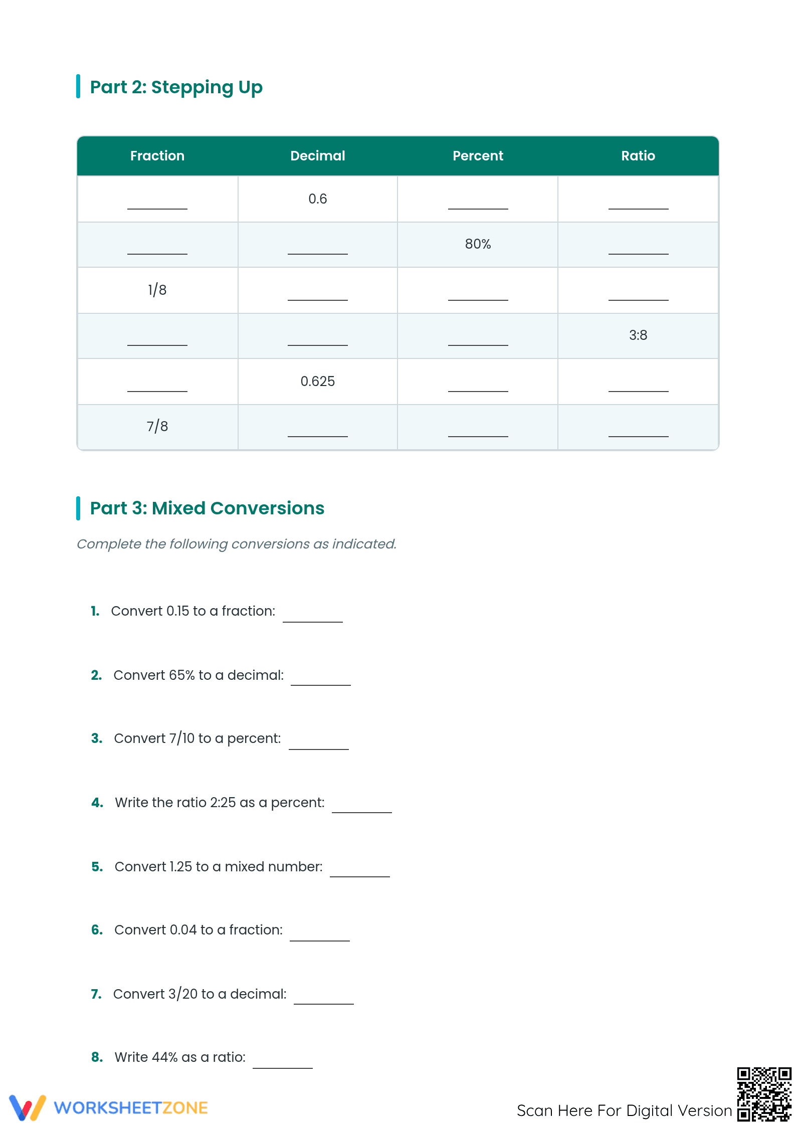 Essential Fractions Decimals Percents Worksheet | Grade 6 - Page 2