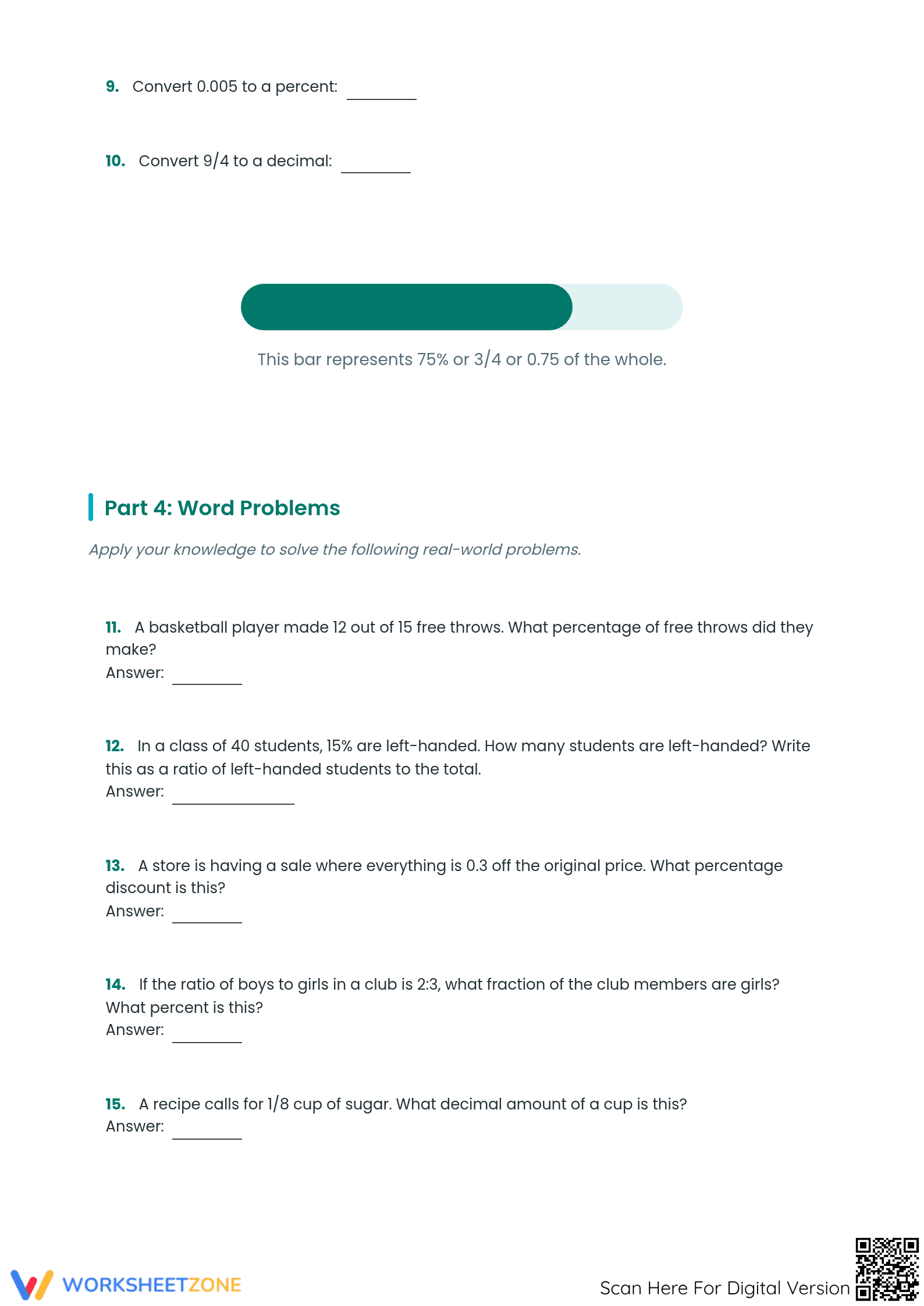 Essential Fractions Decimals Percents Worksheet | Grade 6 - Page 3