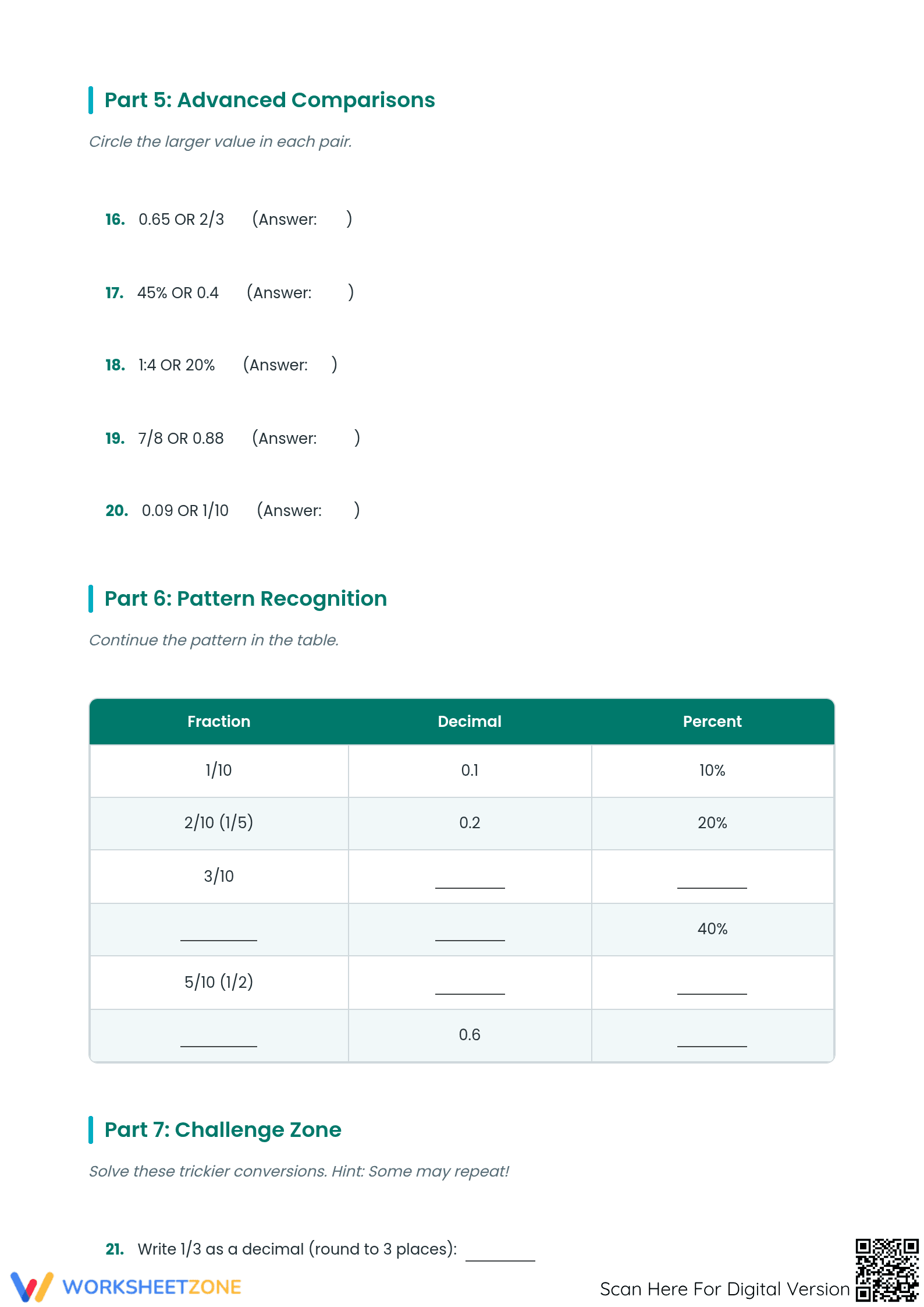 Essential Fractions Decimals Percents Worksheet | Grade 6 - Page 4