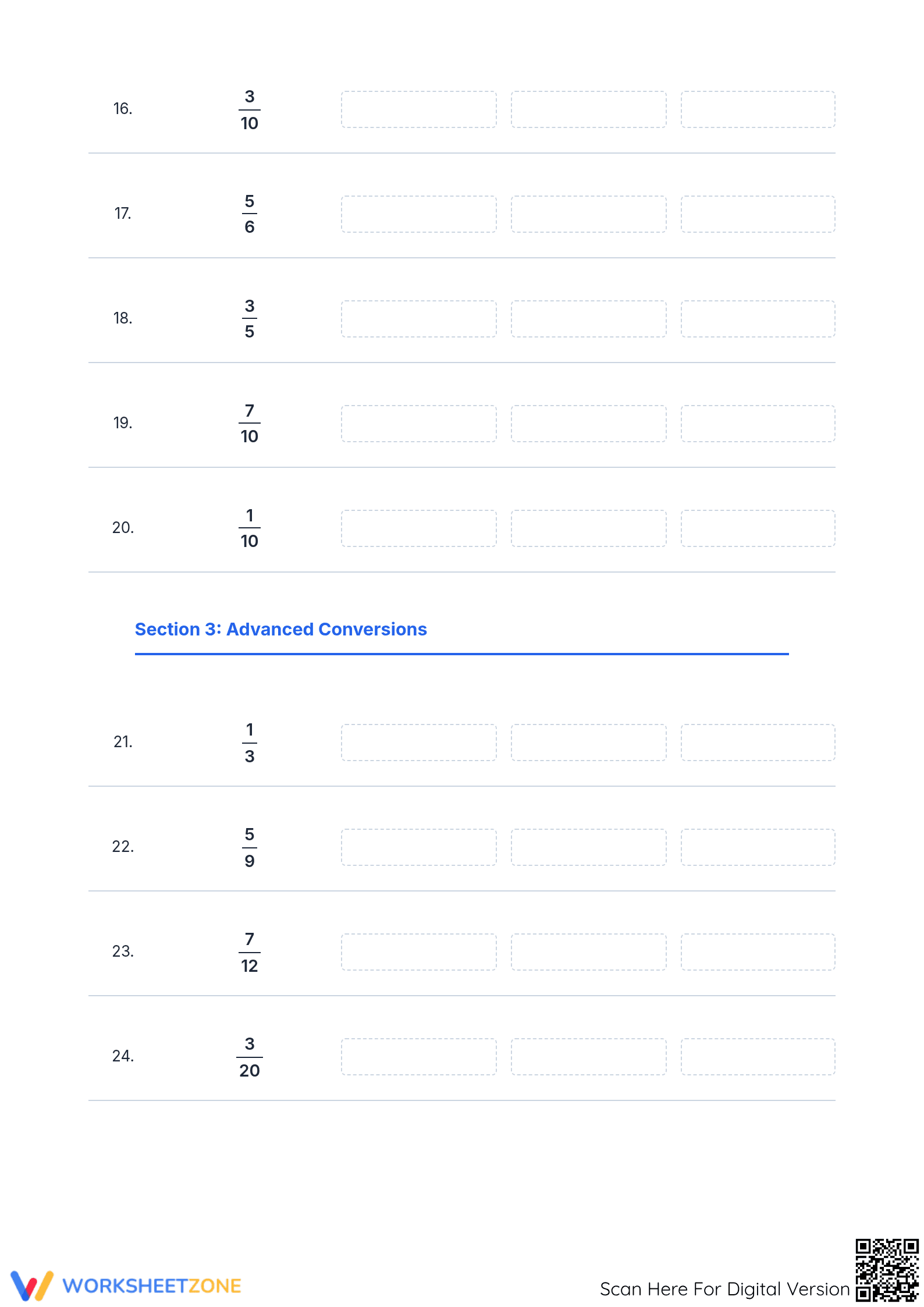 Essential Worksheet: Converting Fractions, Decimals, Percents - Page 3