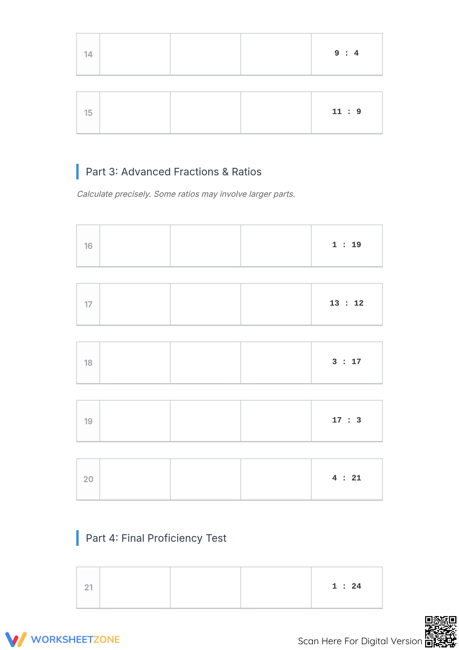 Essential Ratio to Fraction Conversion Worksheet | Grade 6-8 - Page 3