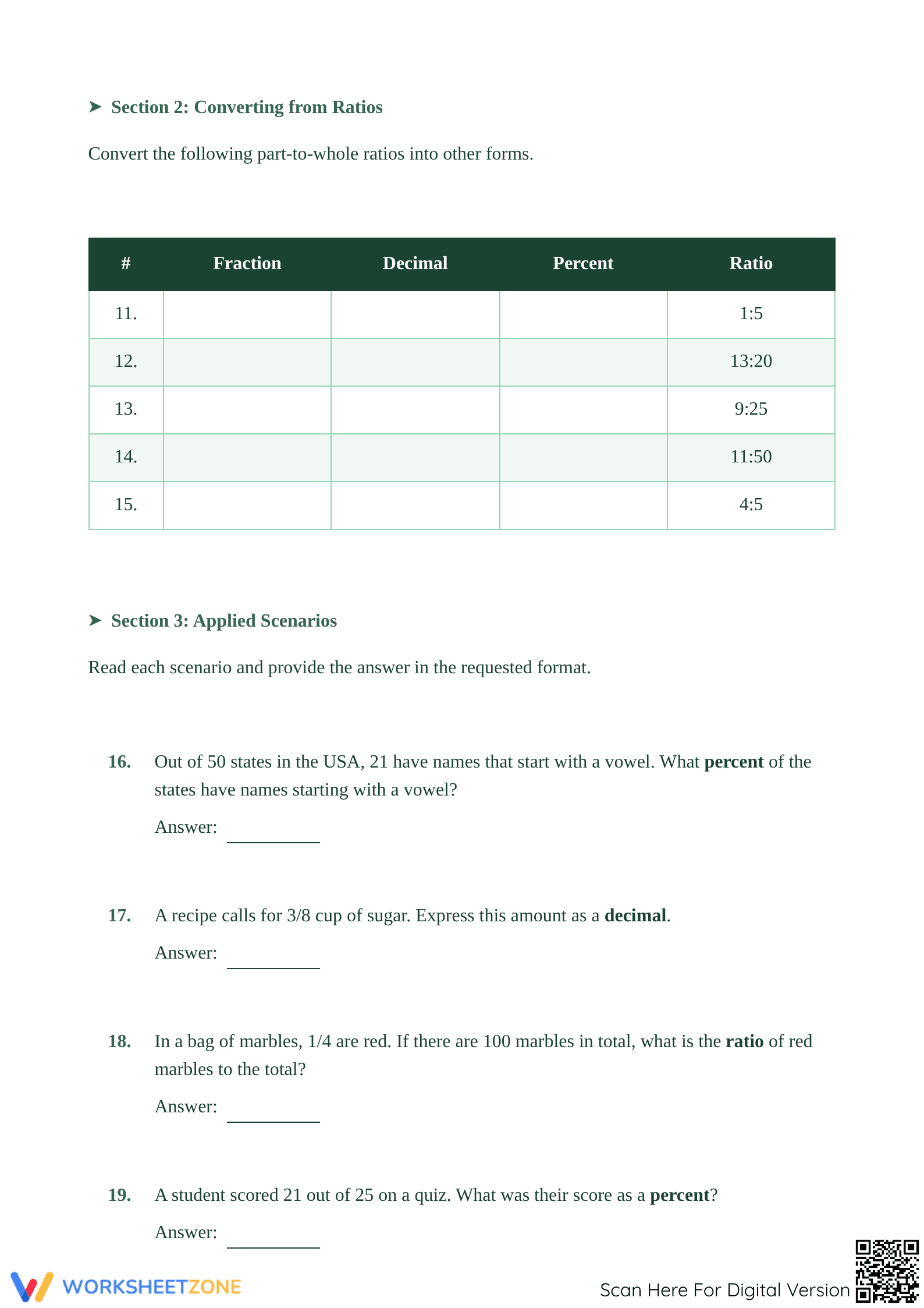 Printable Math Worksheet: Fraction Decimal Percent Ratio - Page 2