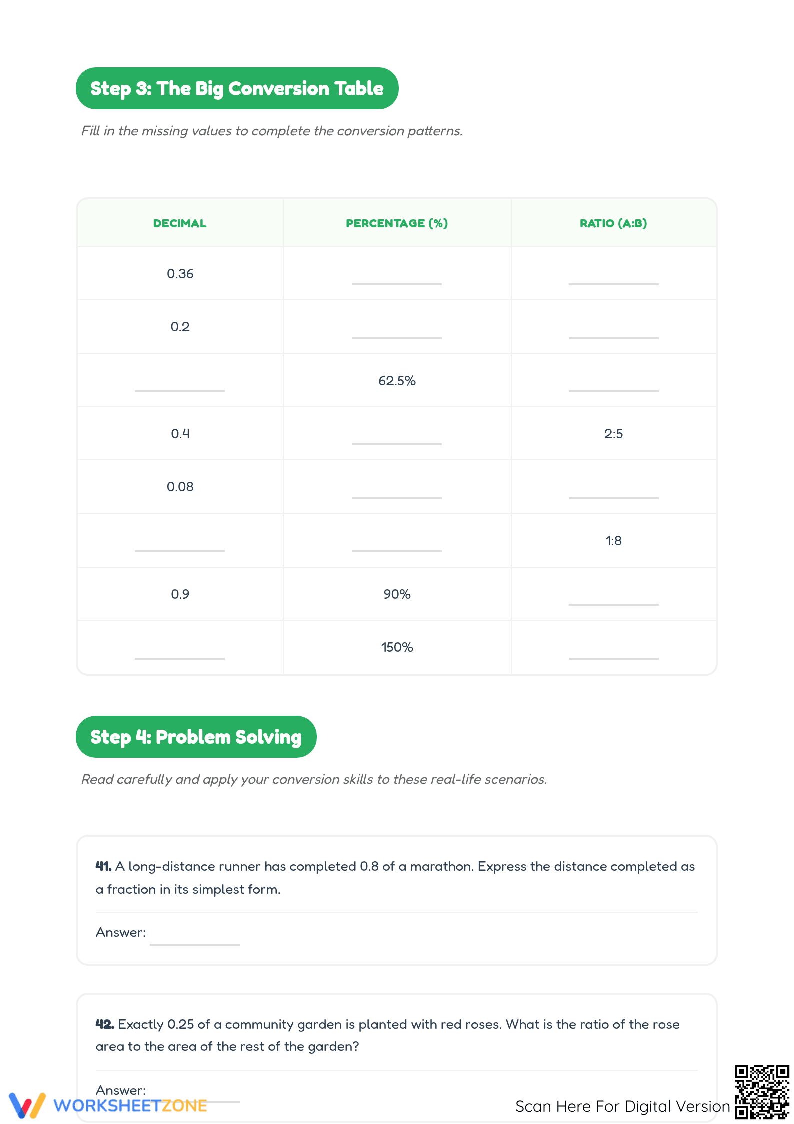 Essential Fraction Decimal Percent Ratio Conversion Worksheet - Page 3