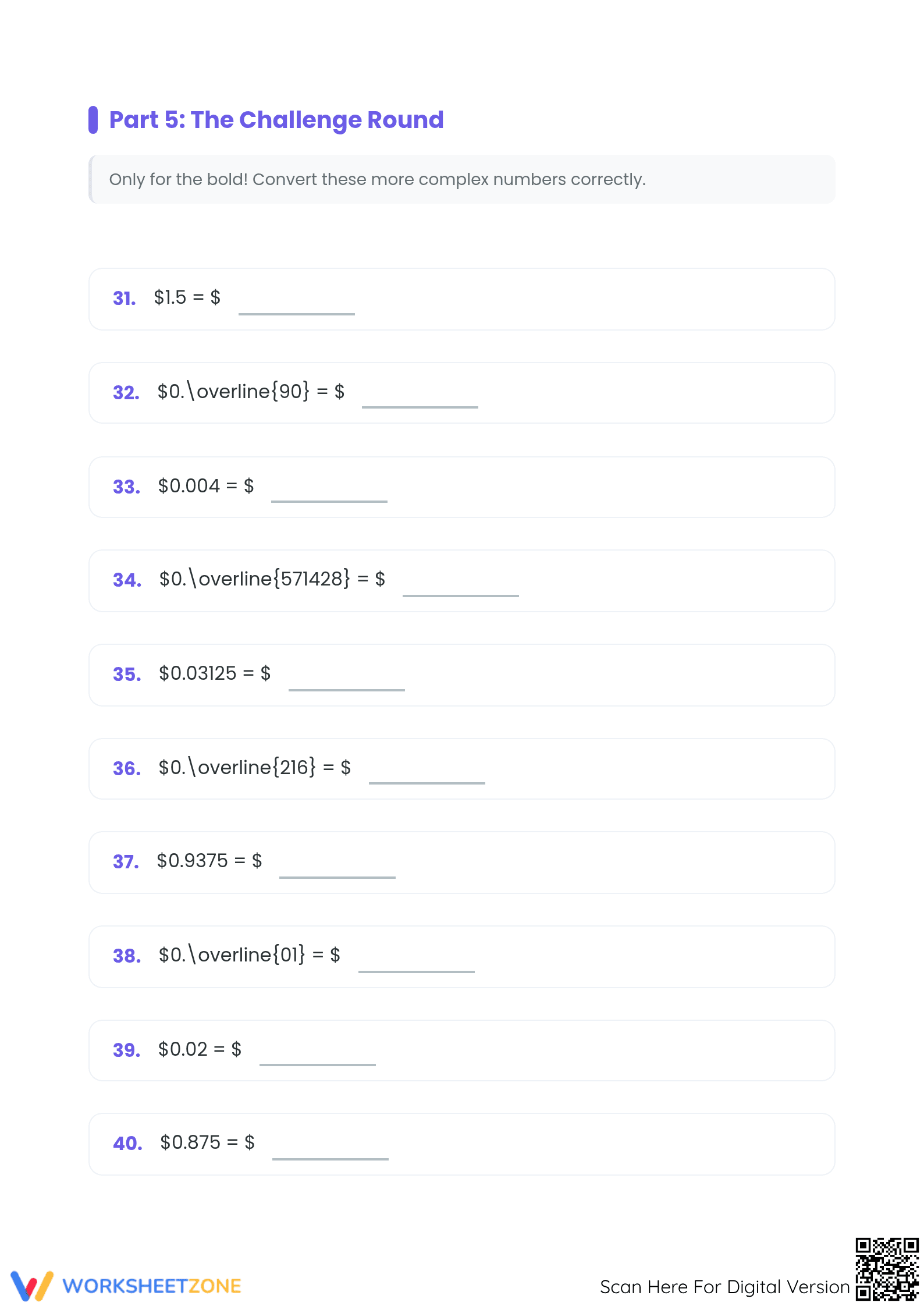 Printable Decimal to Fraction Worksheet | Grade 7 Math - Page 5