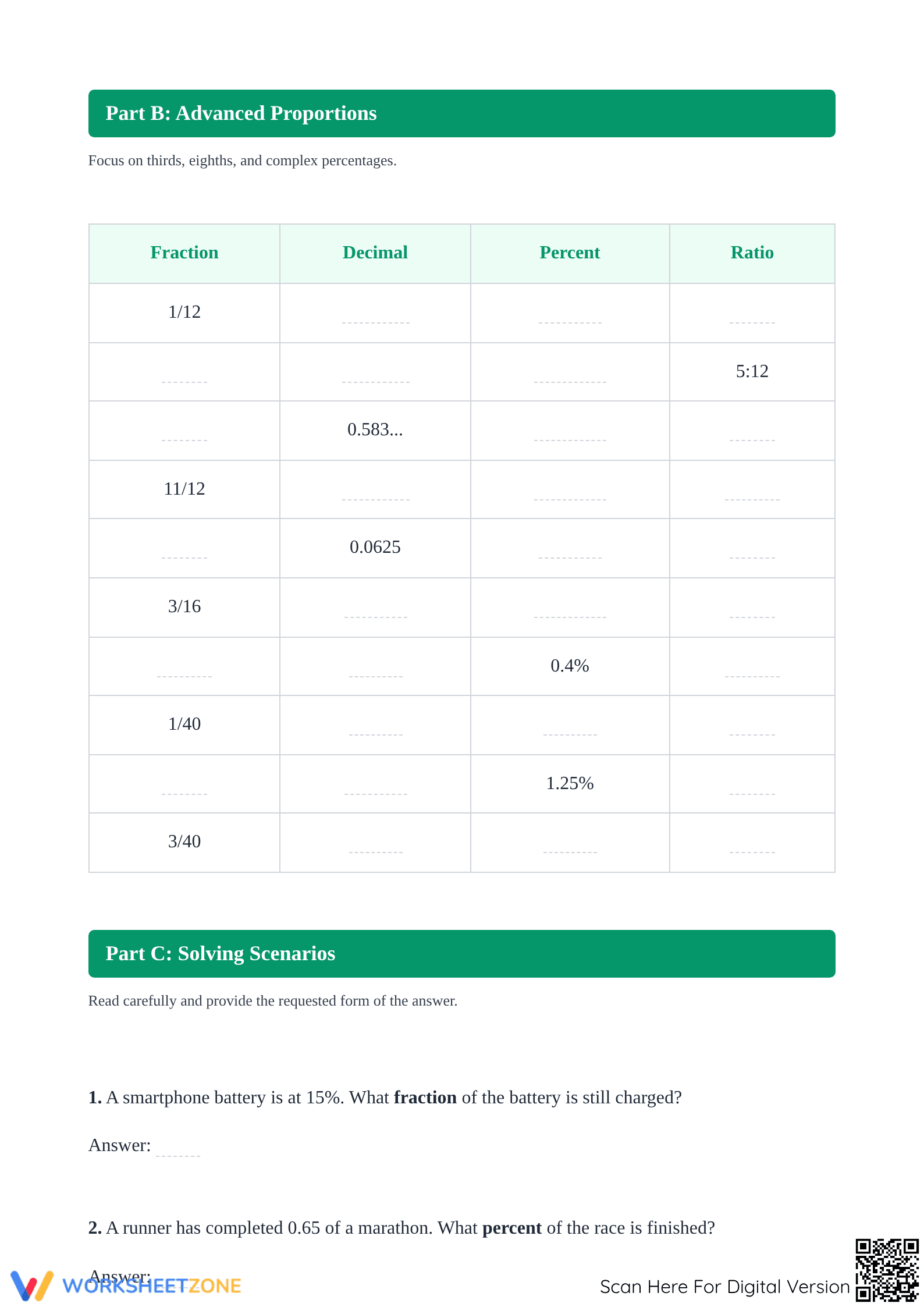 Essential Fraction, Decimal, Percent, and Ratio Worksheet - Page 2