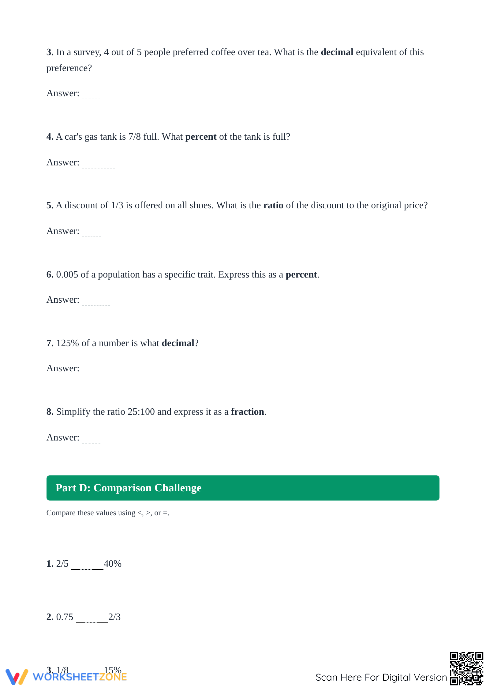 Essential Fraction, Decimal, Percent, and Ratio Worksheet - Page 3
