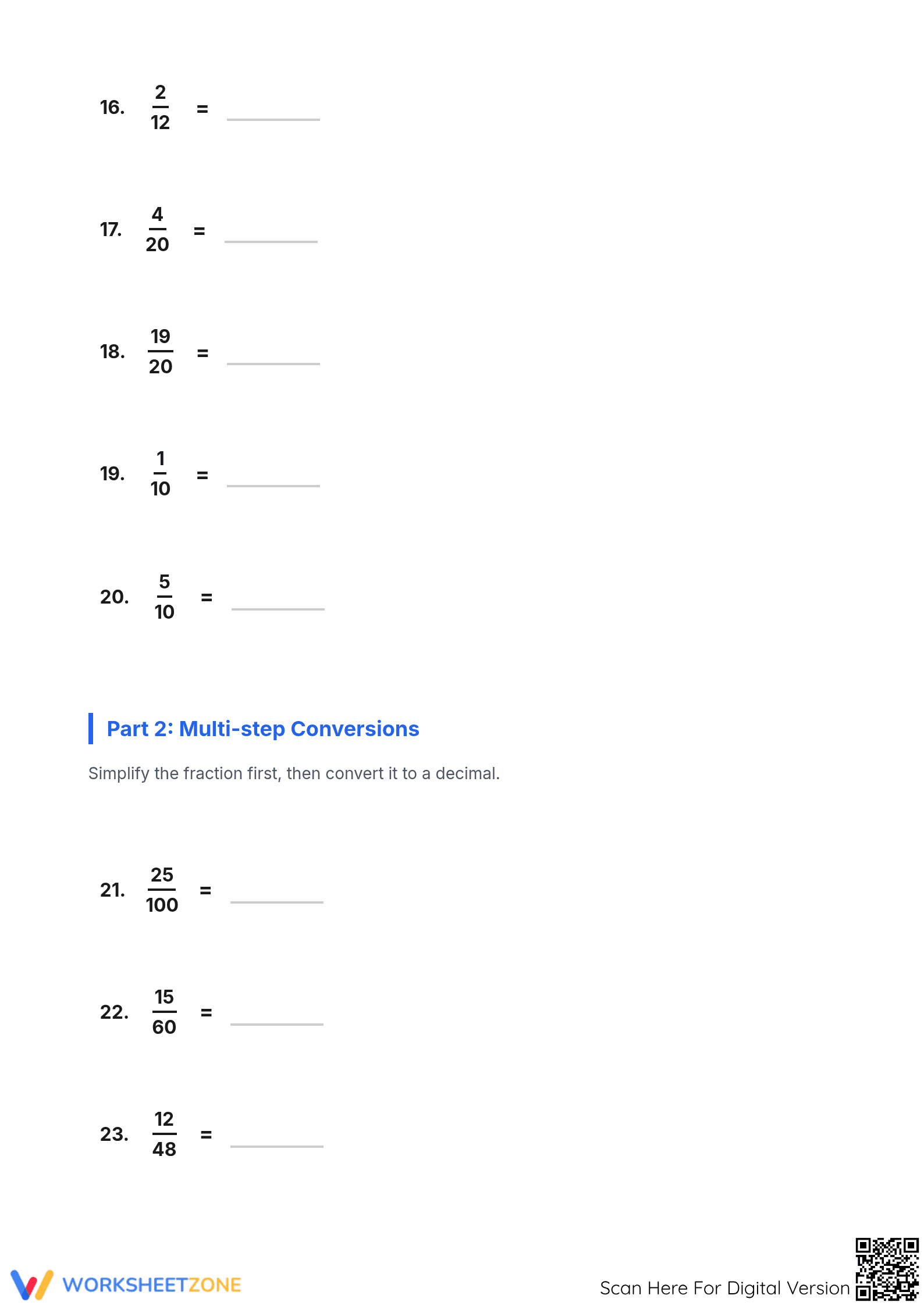 Printable Fractions to Decimals Worksheet | Grades 4-7 - Page 3