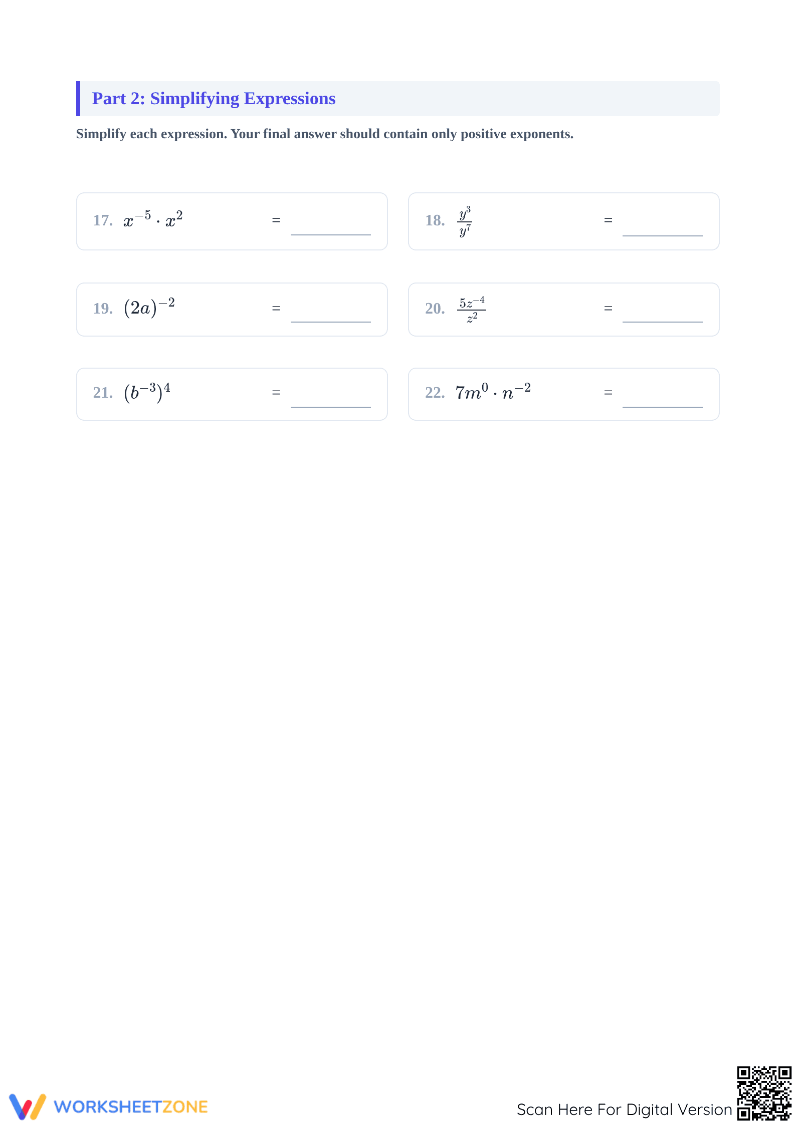 Printable Exponent Rules Worksheet: Negative & Zero Powers - Page 2