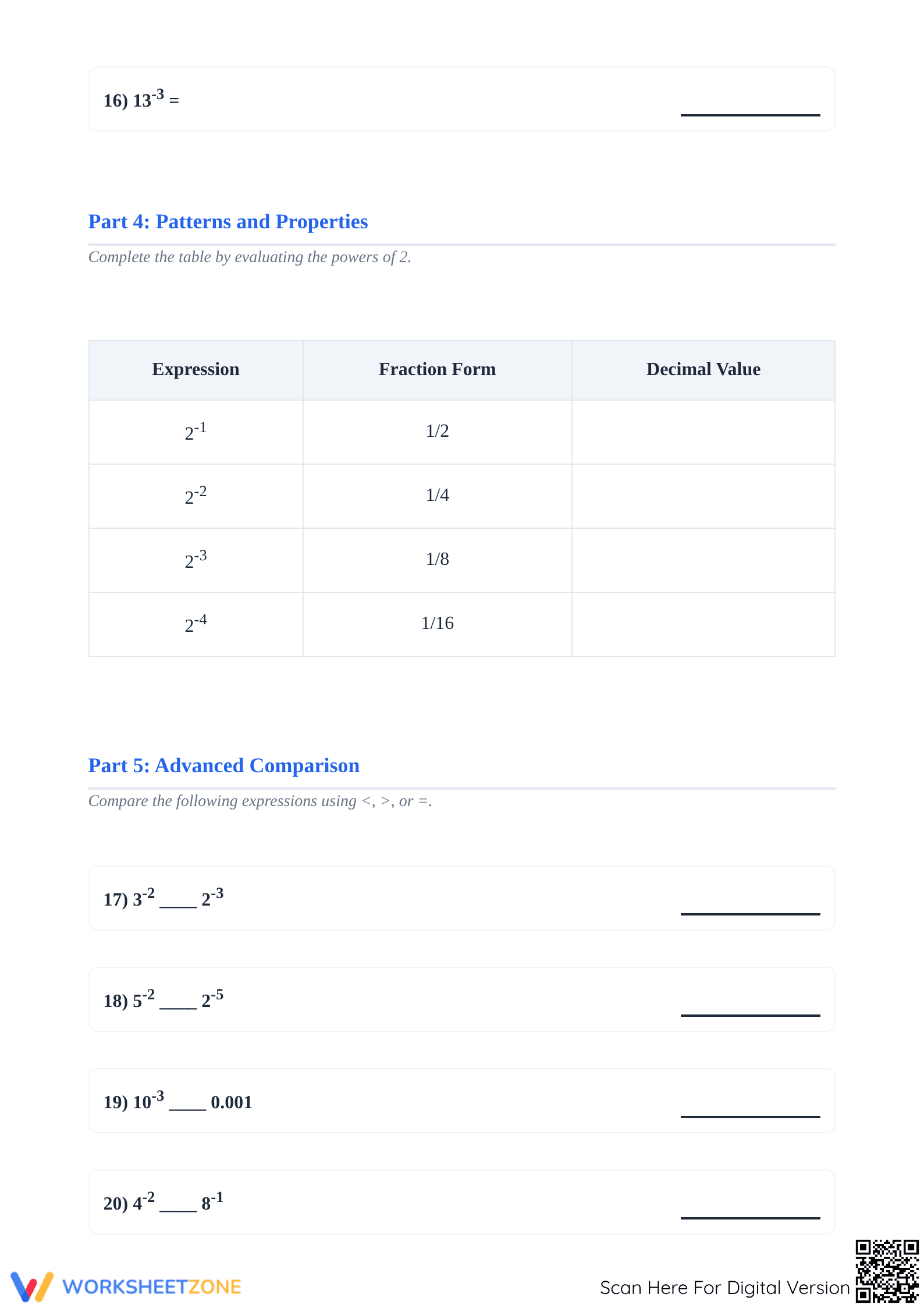 Essential 8.EE.A.1 Worksheet: Negative Exponents — Grade 8 - Page 3
