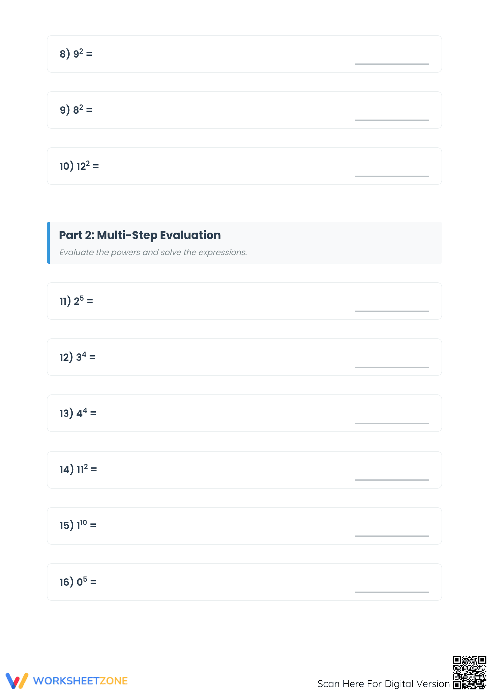 Printable Evaluate the Exponents Worksheet | Grades 6-9 - Page 2