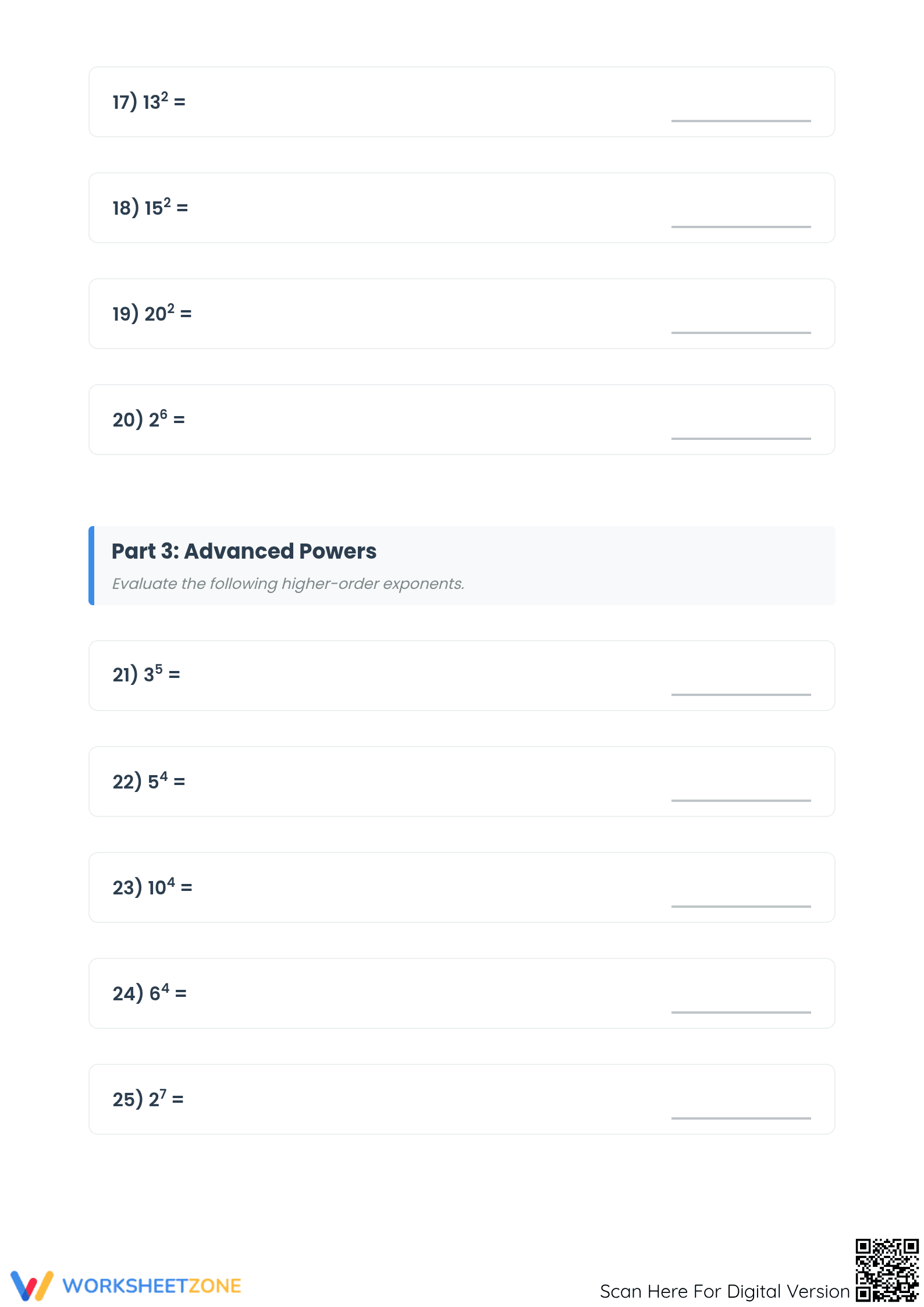 Printable Evaluate the Exponents Worksheet | Grades 6-9 - Page 3