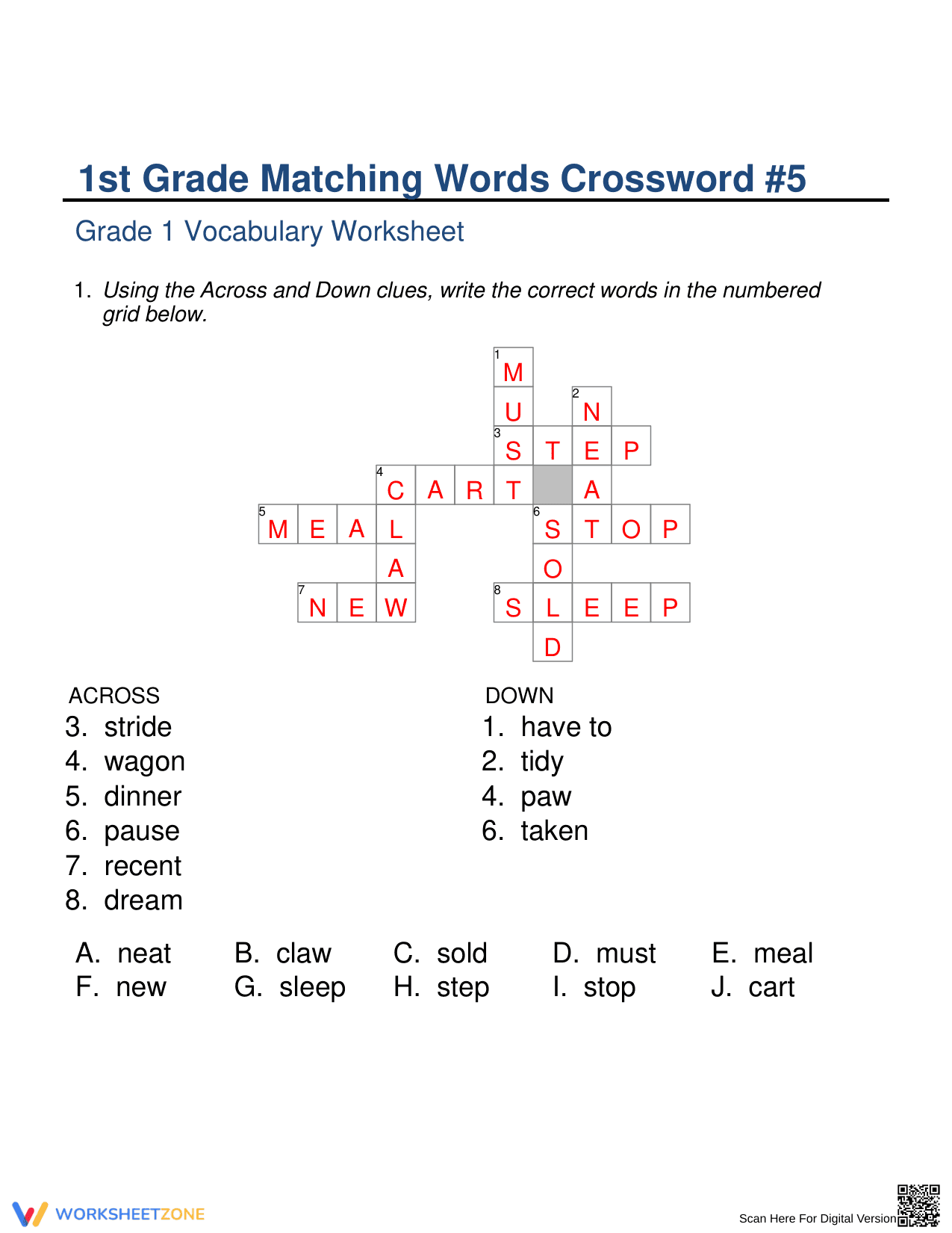 Grade 1 Synonyms Crossword — Printable Vocabulary Worksheet - Page 2
