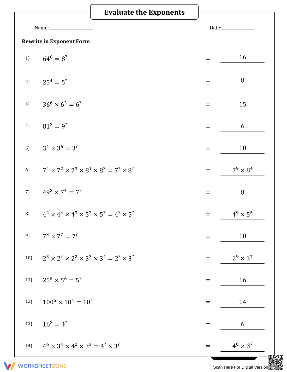 Evaluating Exponents and Rewriting Bases Practice - Page 2