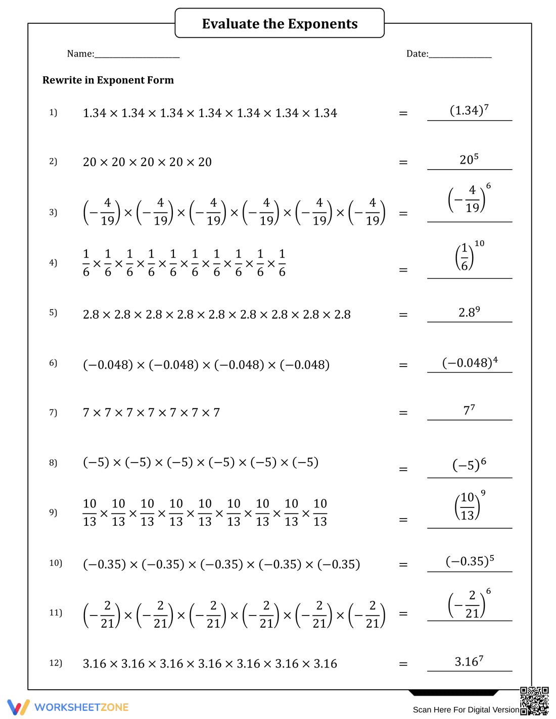 Rewrite Repeated Multiplication In Exponent Form - Page 2