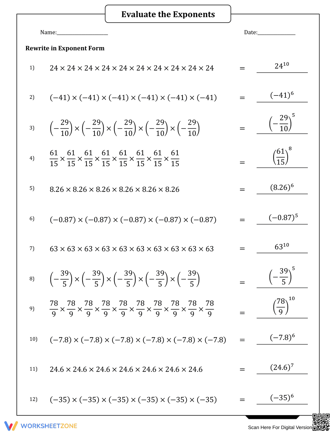 Exponents Worksheet: Rewriting Repeated Multiplication - Page 2