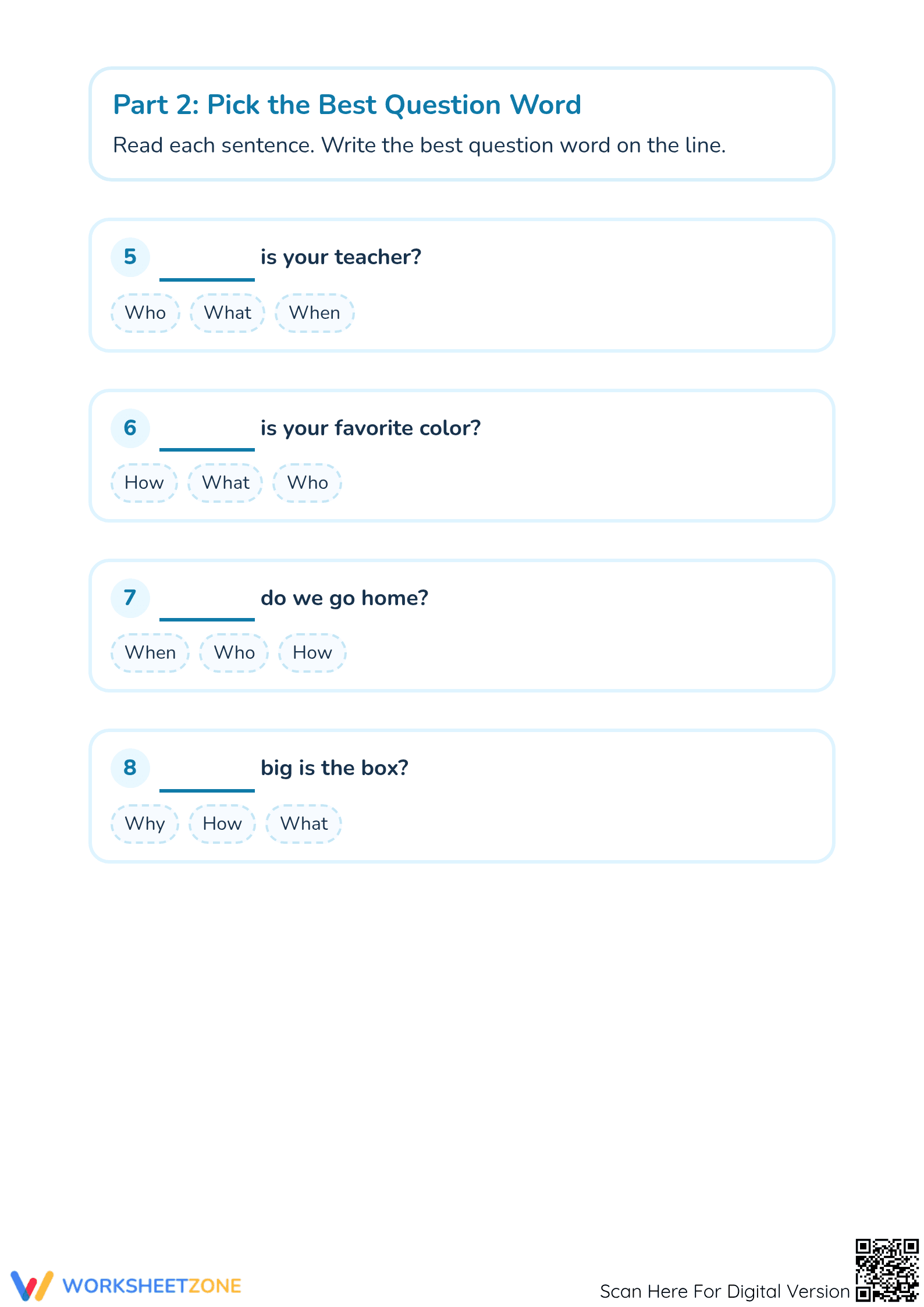 Printable Question Words Worksheet | Kindergarten ELA - Page 2