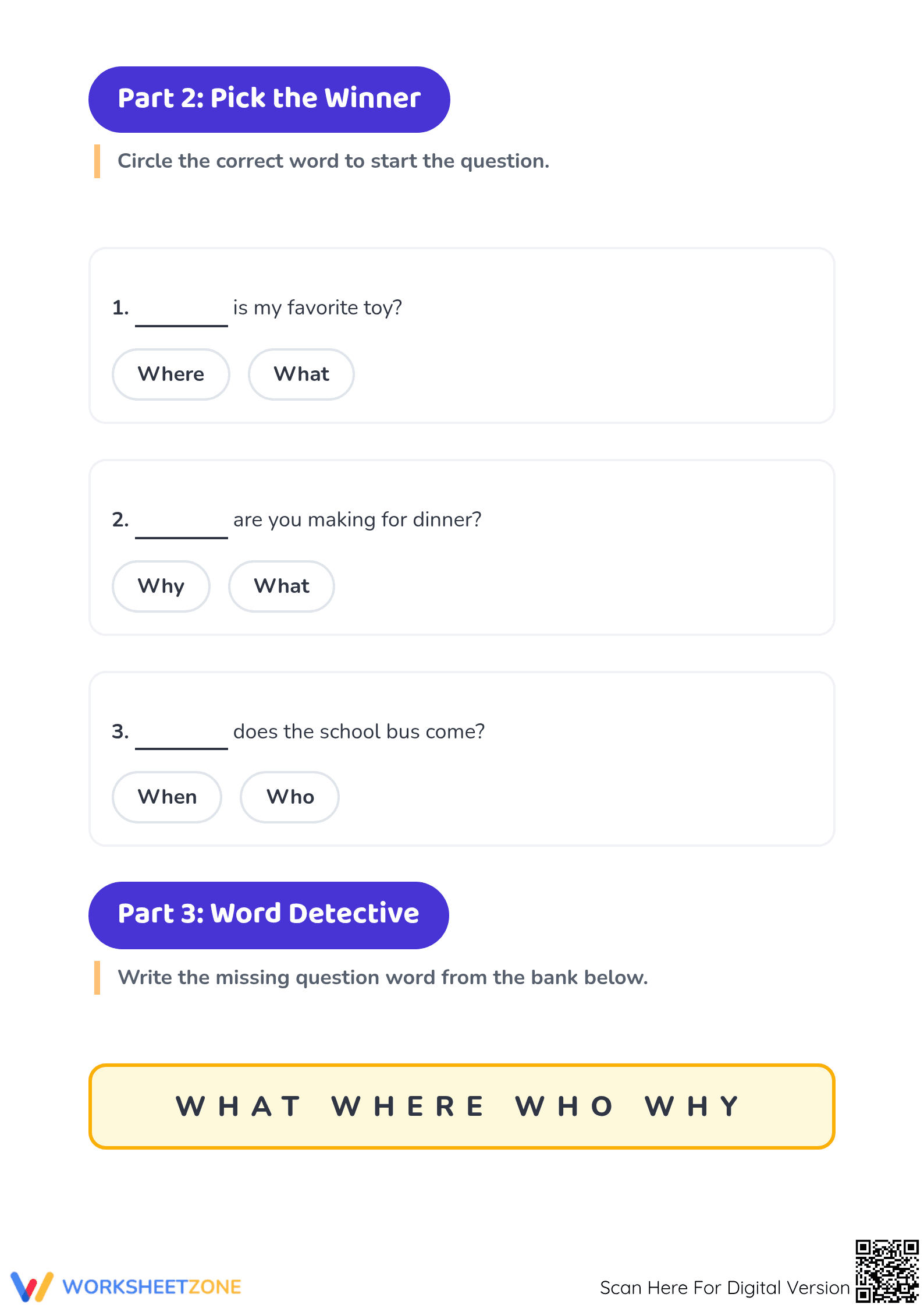 Printable Question Word Wizards Worksheet | Kindergarten ELA - Page 2