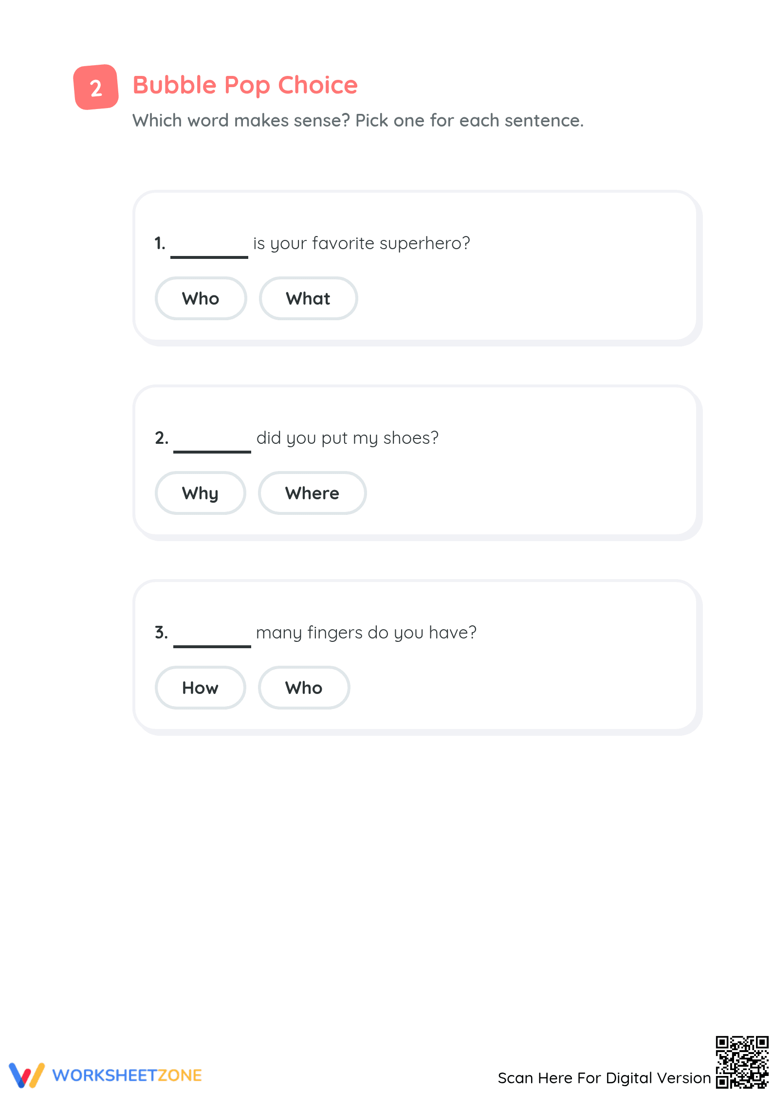 Printable Question Words Worksheet | Grade K ELA - Page 2