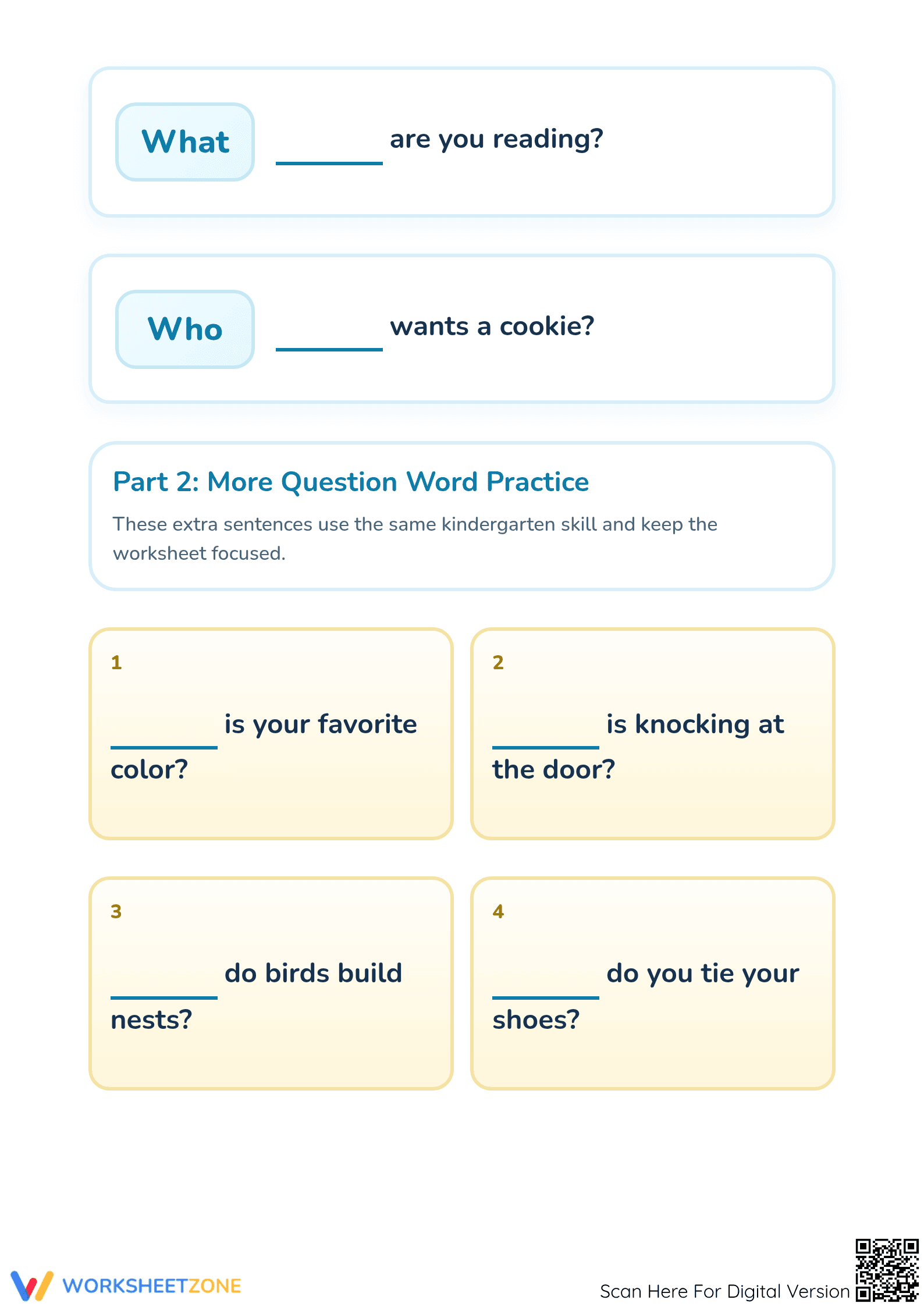Printable Question Words Worksheet | Kindergarten ELA - Page 2