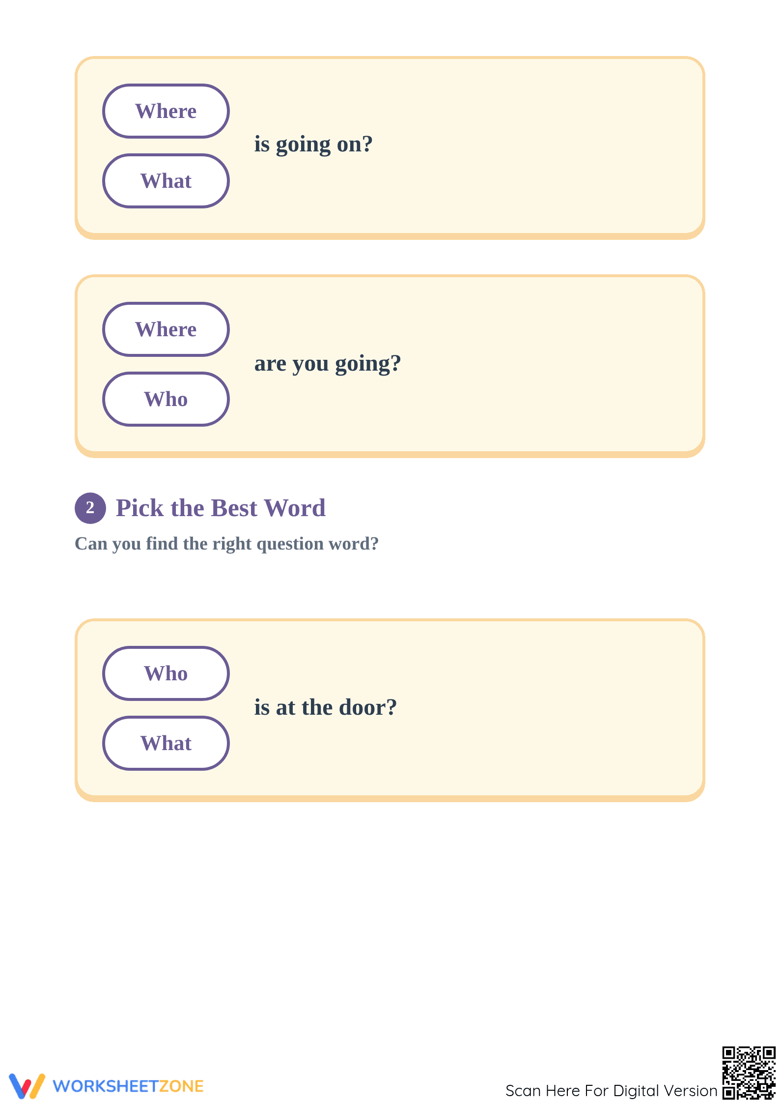 Printable Question Words Worksheet | Kindergarten ELA - Page 2