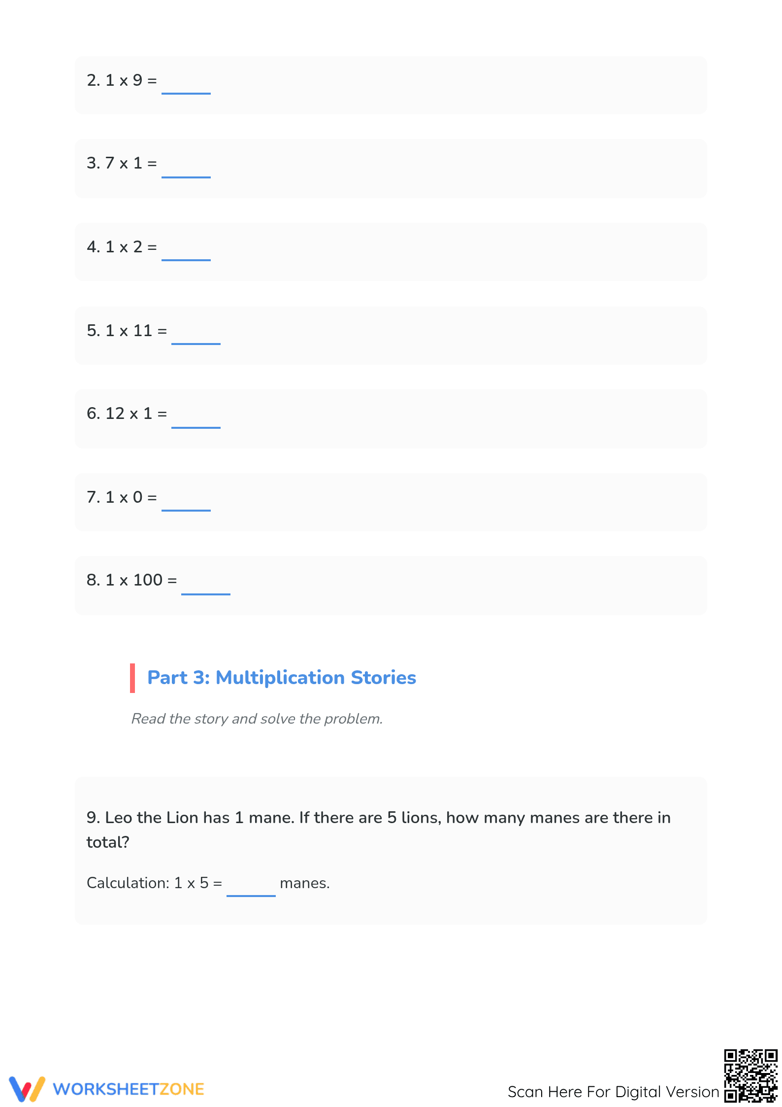 Essential One Times Table Worksheet | Grade 3 Math - Page 2