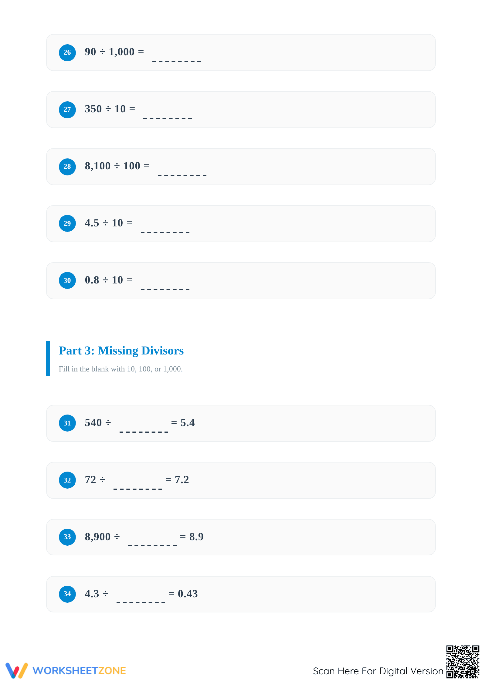 Essential Dividing by 10 & 100 Worksheet | Grade 4 Math - Page 4