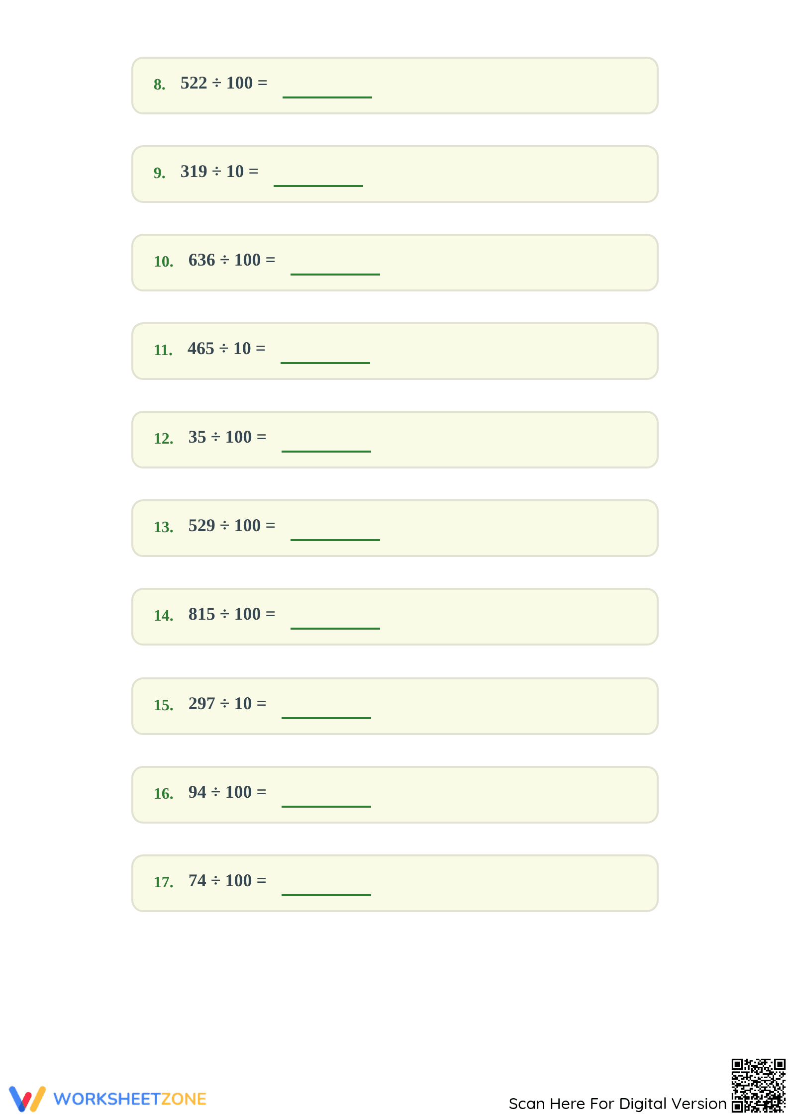 Printable Dividing by 10 and 100 Worksheet | Grade 4 Math - Page 2