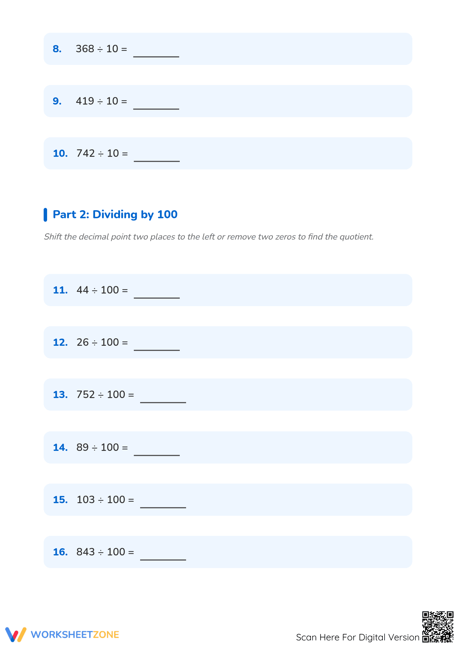 Essential Dividing by 10 and 100 Practice | Grade 4-5 - Page 2