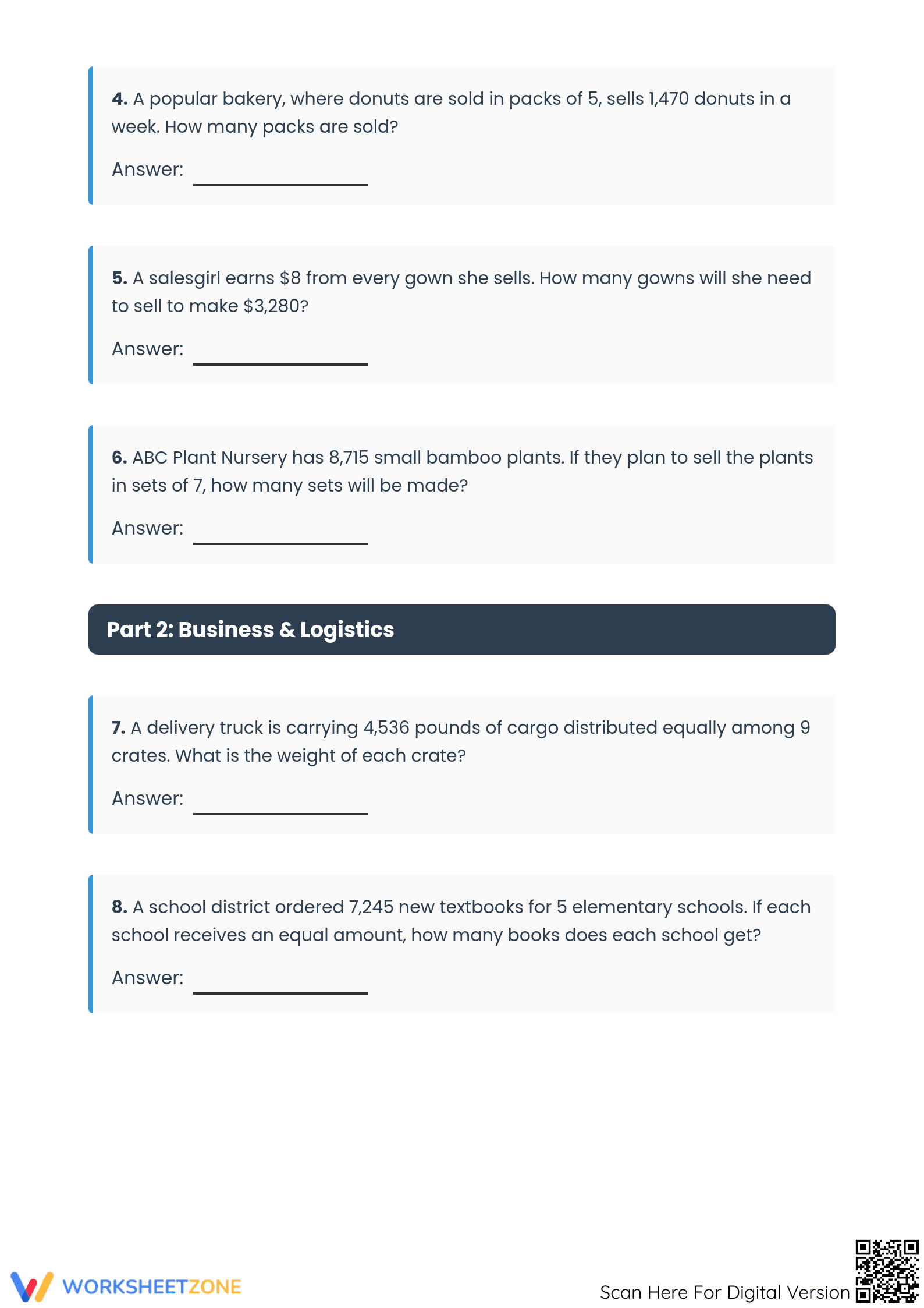 Printable 4-Digit by 1-Digit Division Word Problems - Page 2