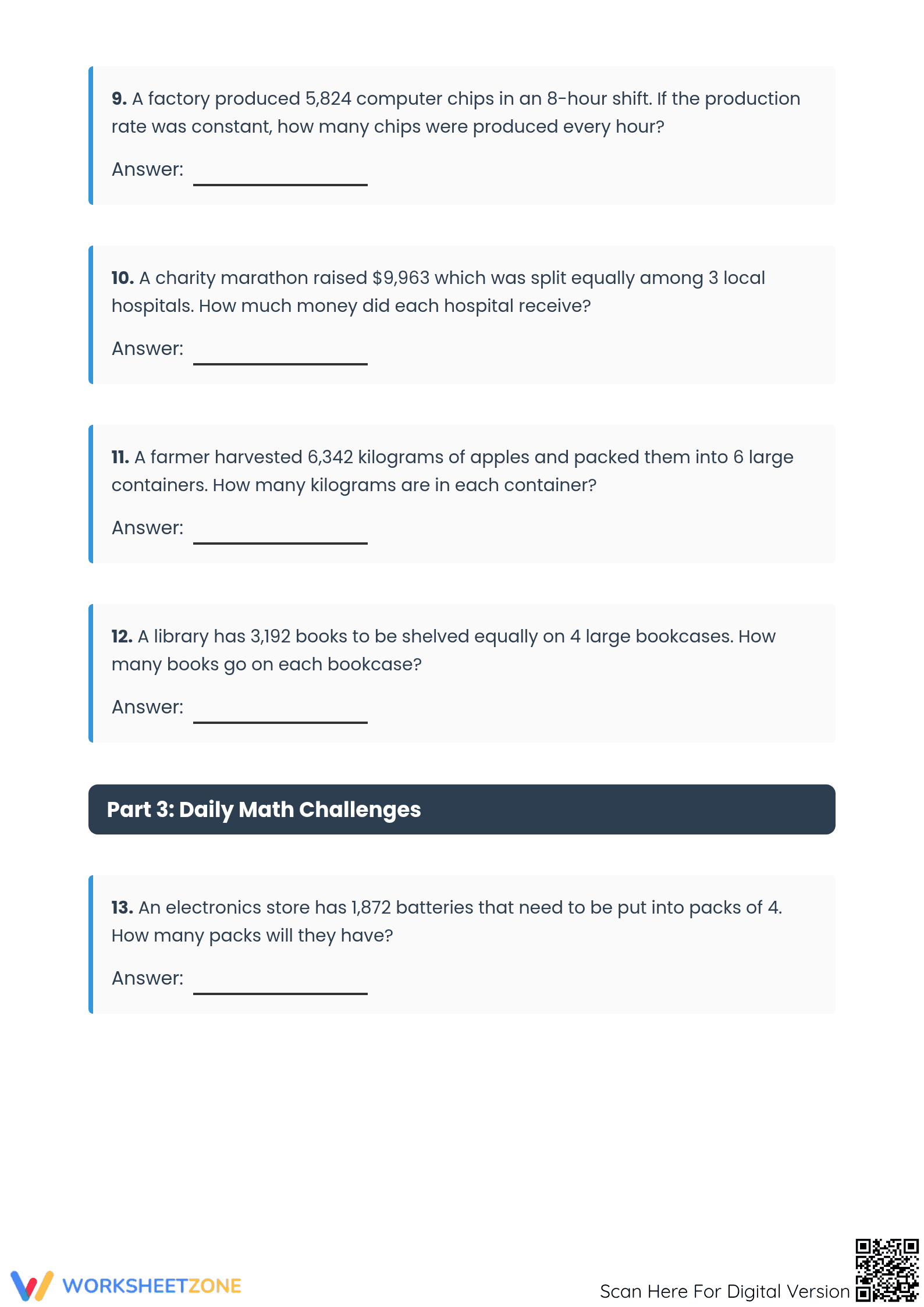 Printable 4-Digit by 1-Digit Division Word Problems - Page 3