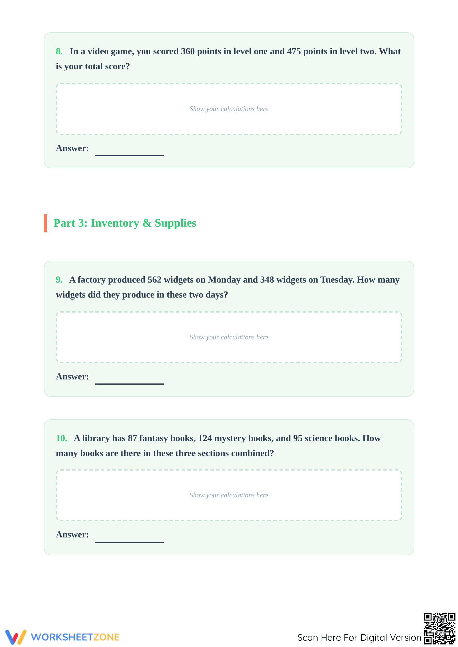 Printable Advanced Addition Word Problems | Grade 3 Math - Page 4