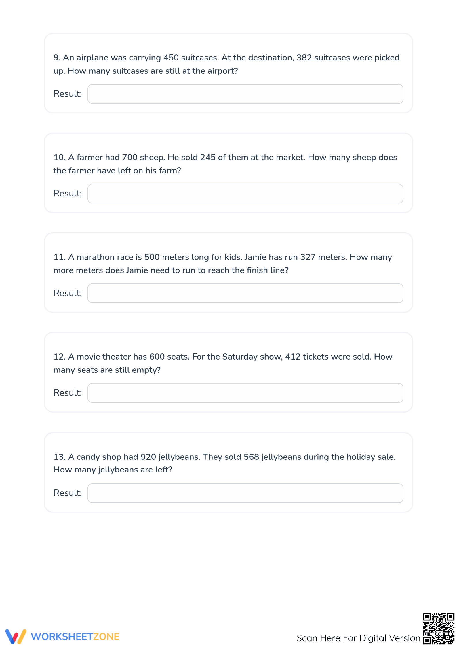 Printable Subtraction Word Problems Worksheet | Grade 3 Math - Page 3