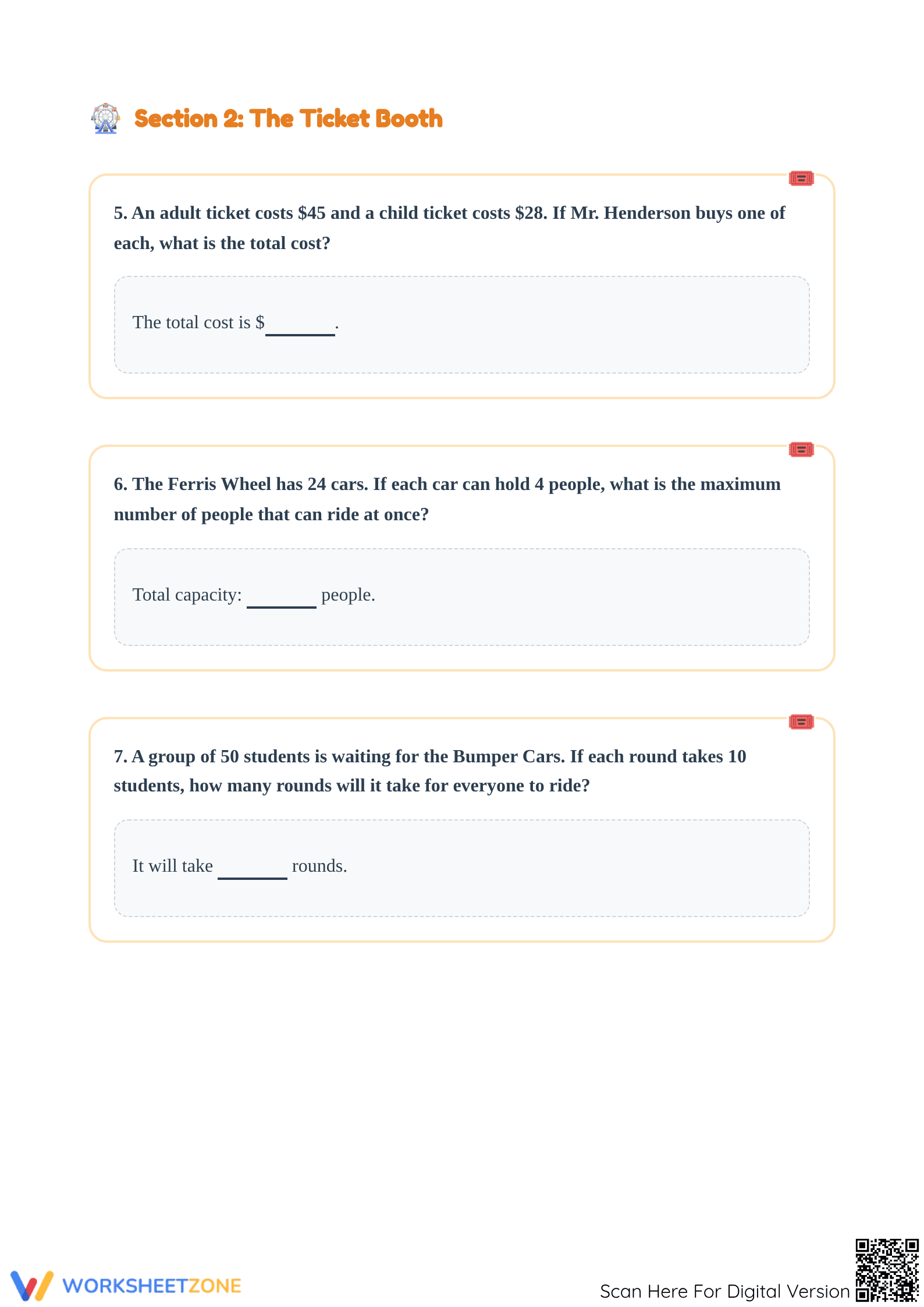 Printable Amusement Park Word Problems | Grades 4-5 Math - Page 3