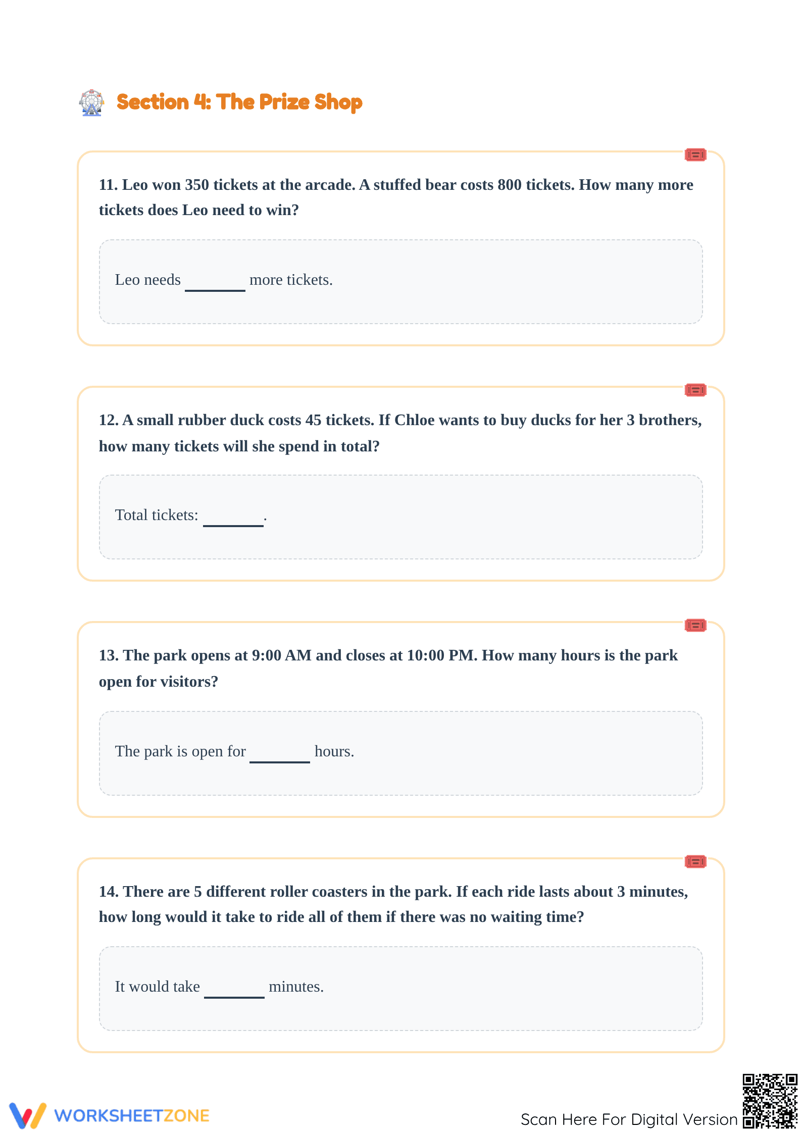 Printable Amusement Park Word Problems | Grades 4-5 Math - Page 5