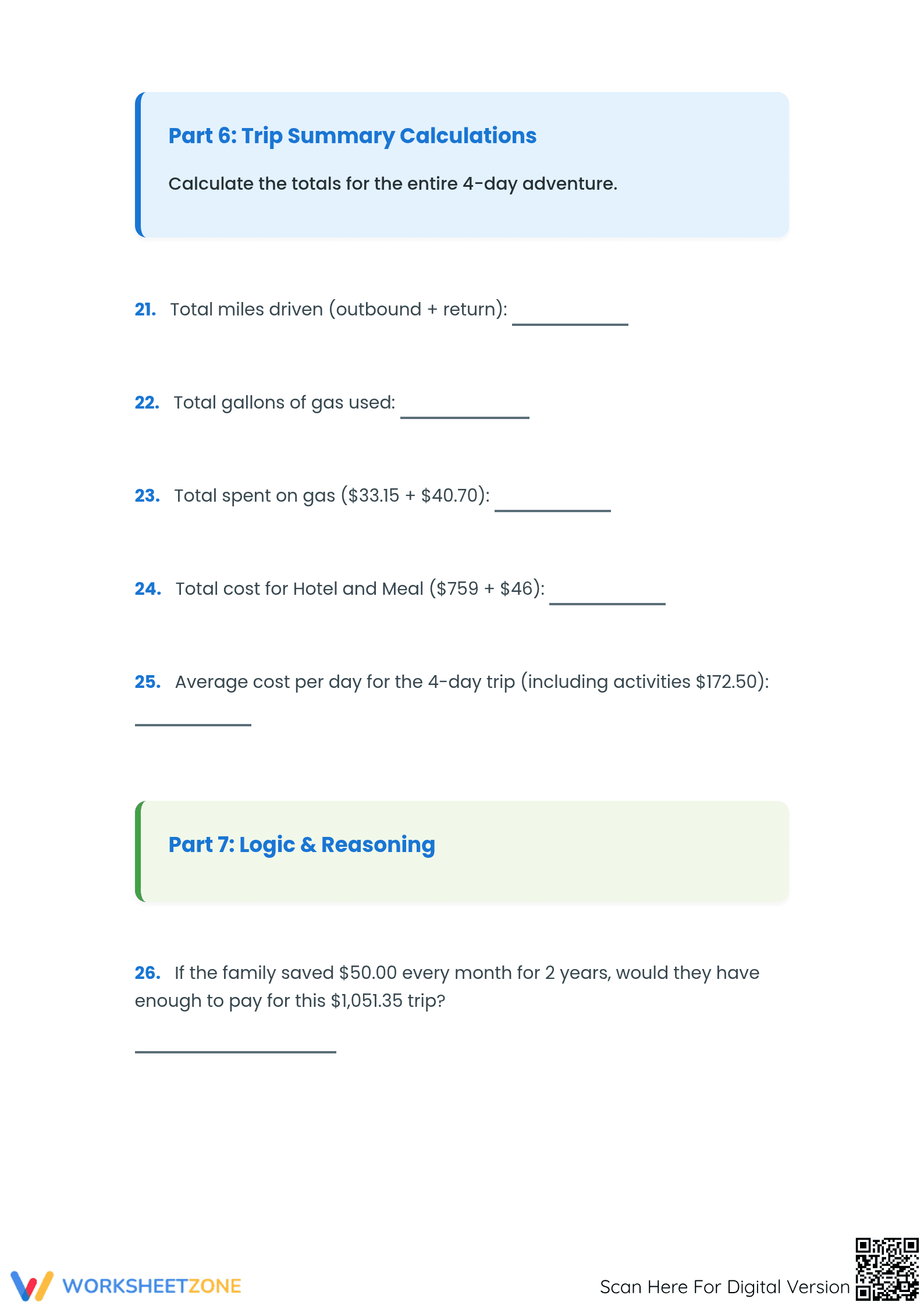 Family Car Trip Adventure Math Worksheet | Printable - Page 5