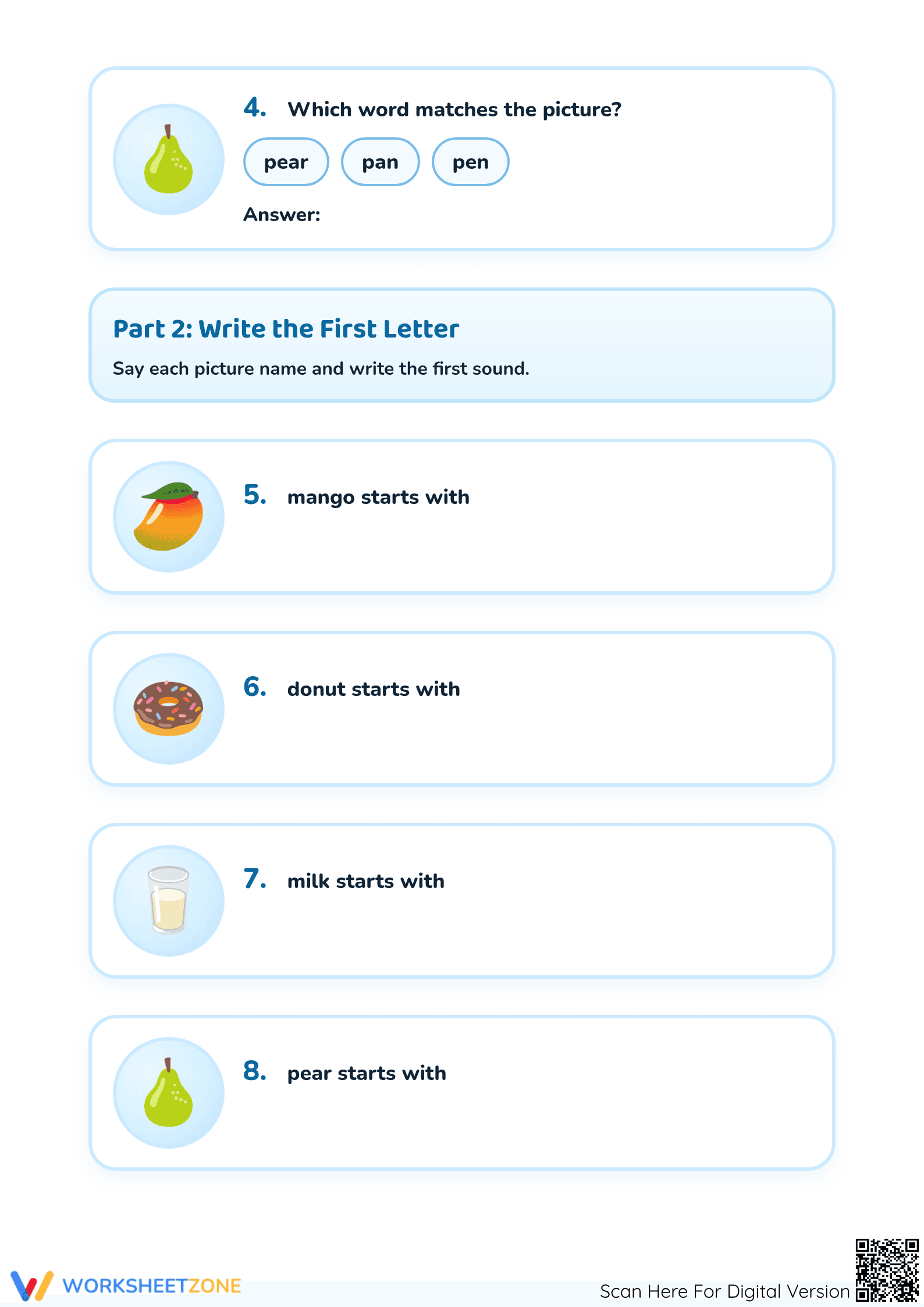 Printable Spelling Worksheet: Initial Sounds — Preschool - Page 2