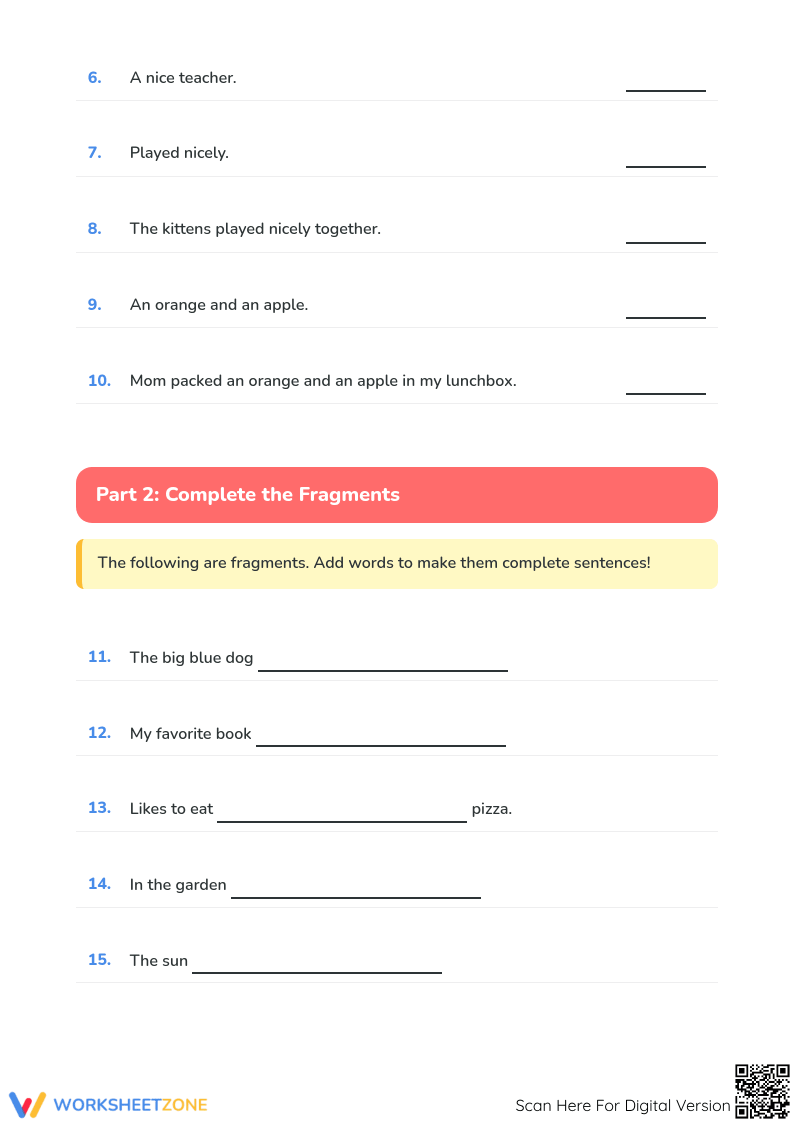 Printable Sentences or Fragments Worksheet | Grade 1 ELA - Page 2