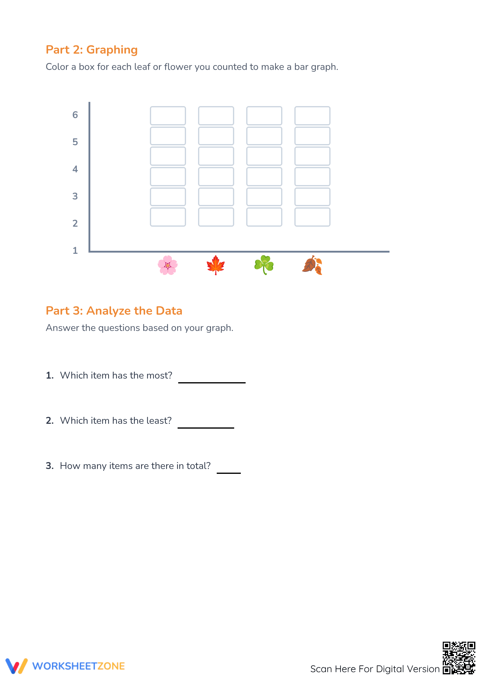 Printable Sort & Count Worksheet: Leaves & Flowers (Grade 1) - Page 2