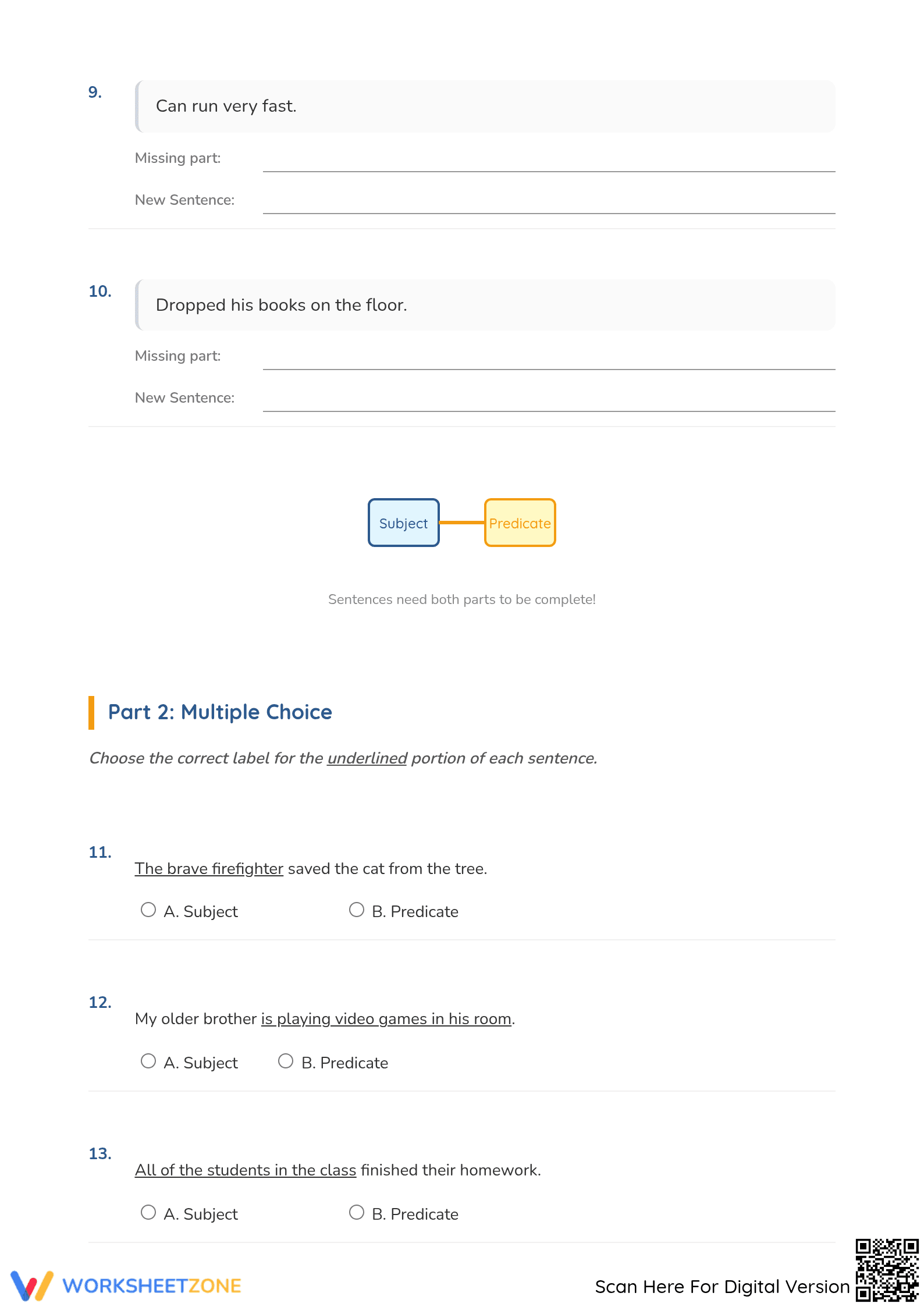 Printable Subjects and Predicates Worksheet | Grade 4-5 - Page 3