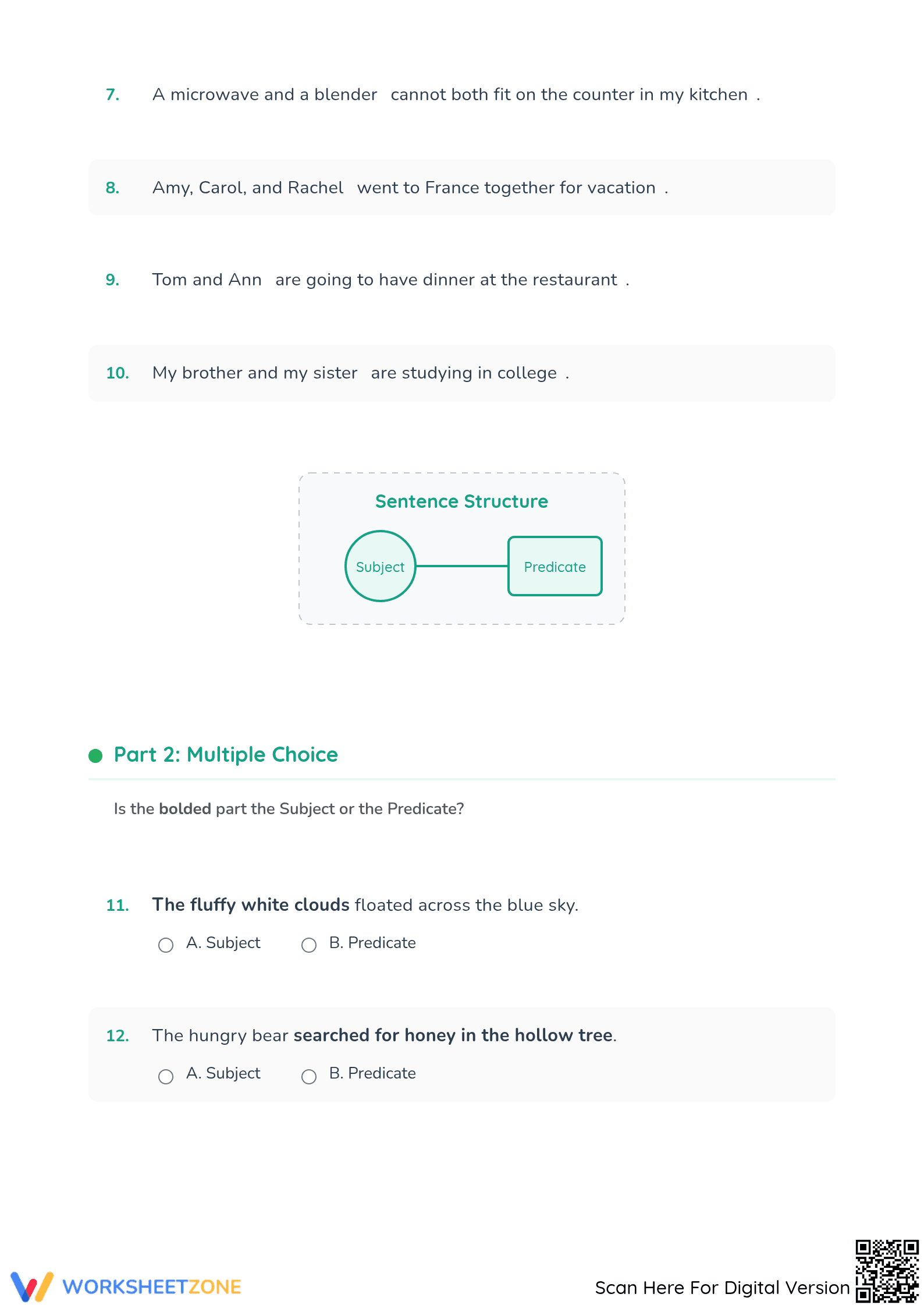 Subjects and Predicates 1 Worksheet | Grade 4 Printable - Page 2