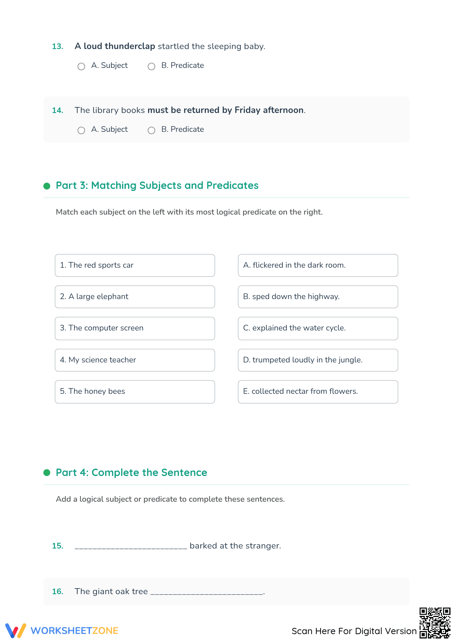 Subjects and Predicates 1 Worksheet | Grade 4 Printable - Page 3