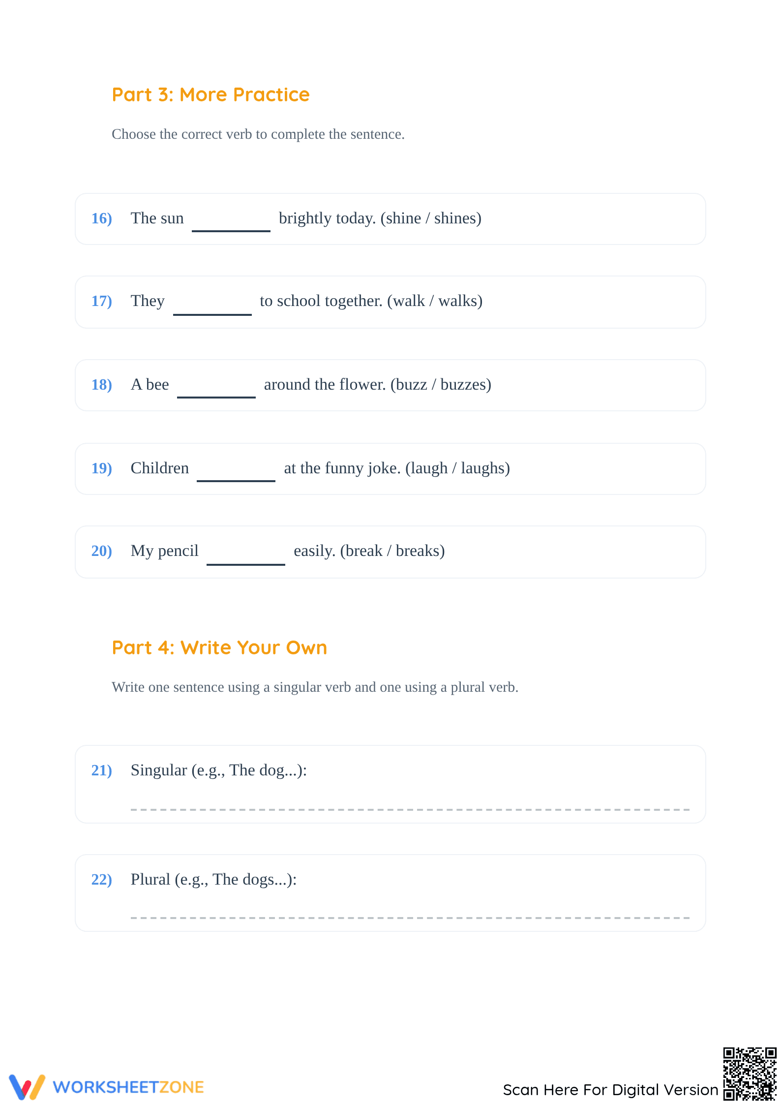 Essential Singular and Plural Verbs Worksheet | Grade 1 - Page 3