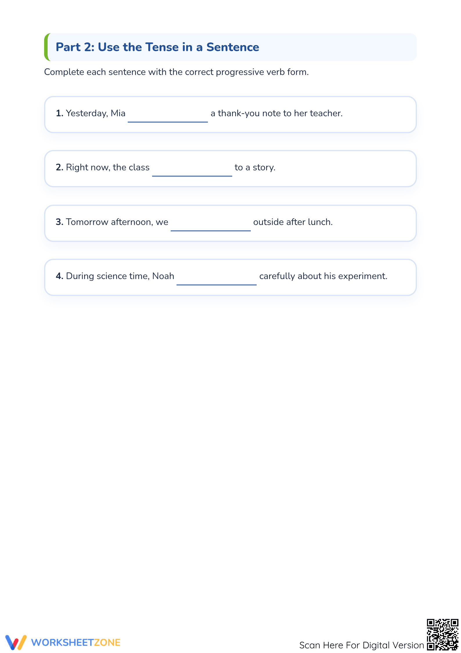 Grade 3 Progressive Verb Tenses — Printable Ready Worksheet - Page 3