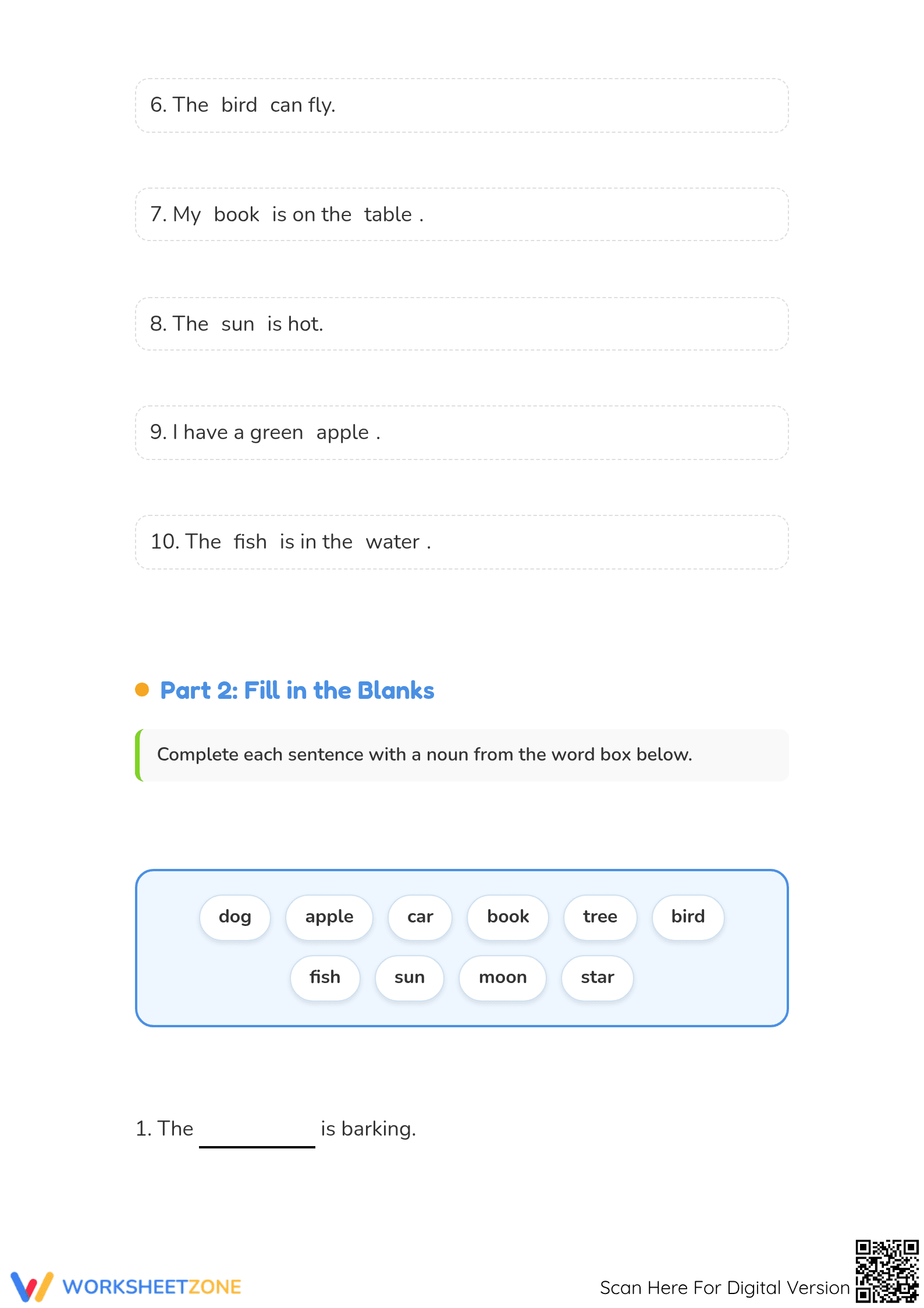 Printable Grade 1 Nouns and Sentences Practice Worksheet - Page 2
