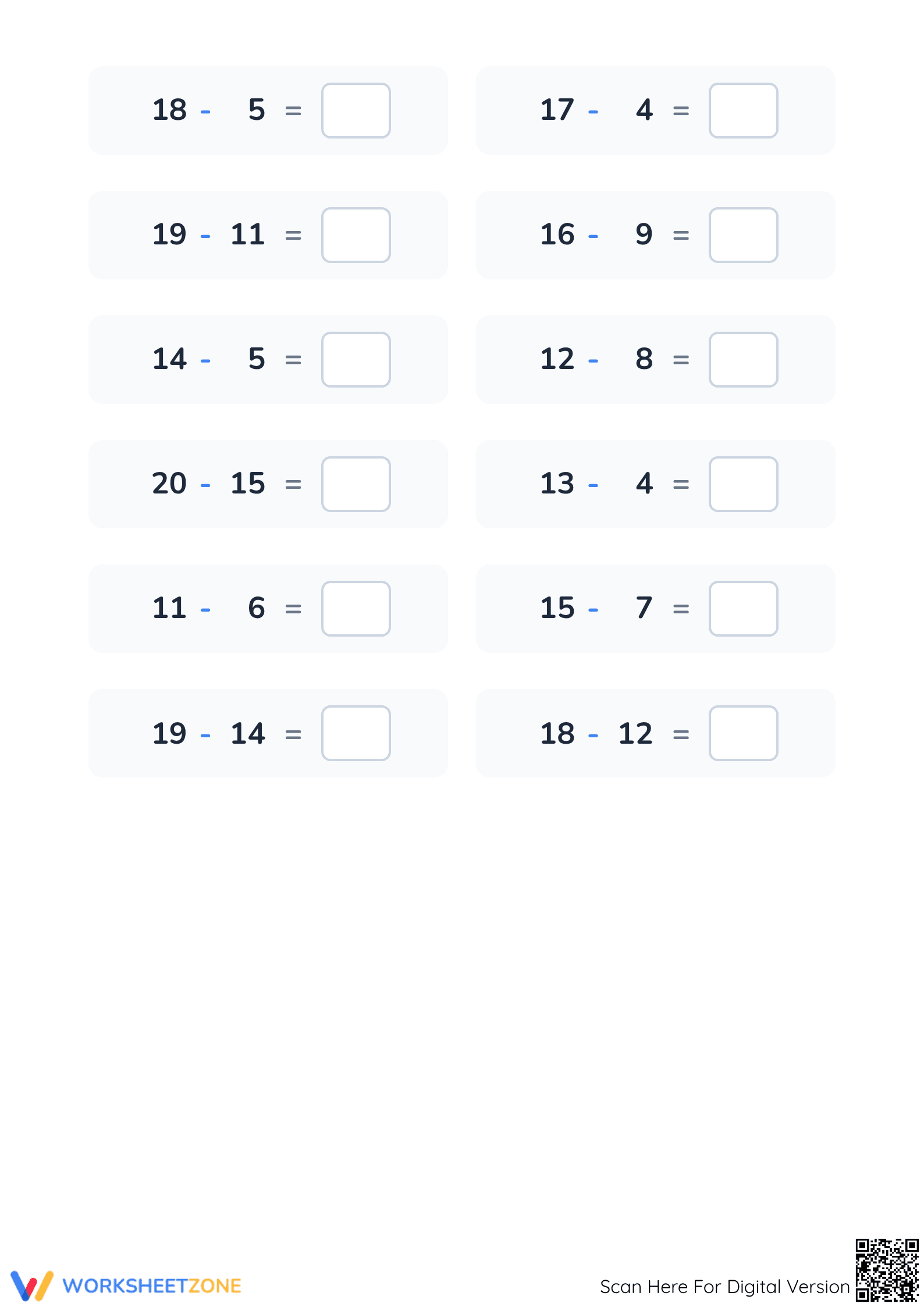 Essential Subtraction 0-20 Worksheet | Grade 1 Math - Page 2