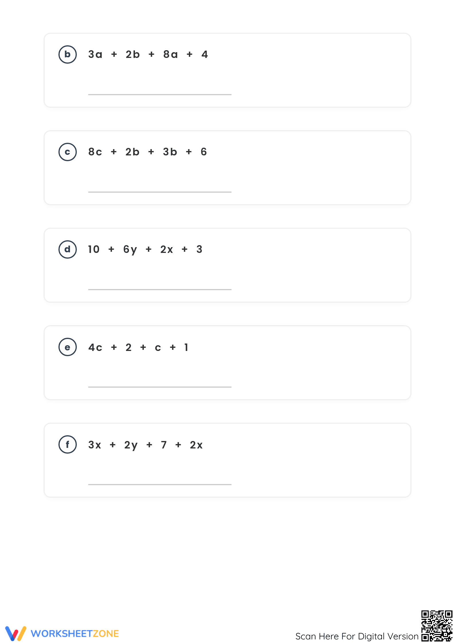 Printable Combining Like Terms Worksheet | Grade 6-7 - Page 2