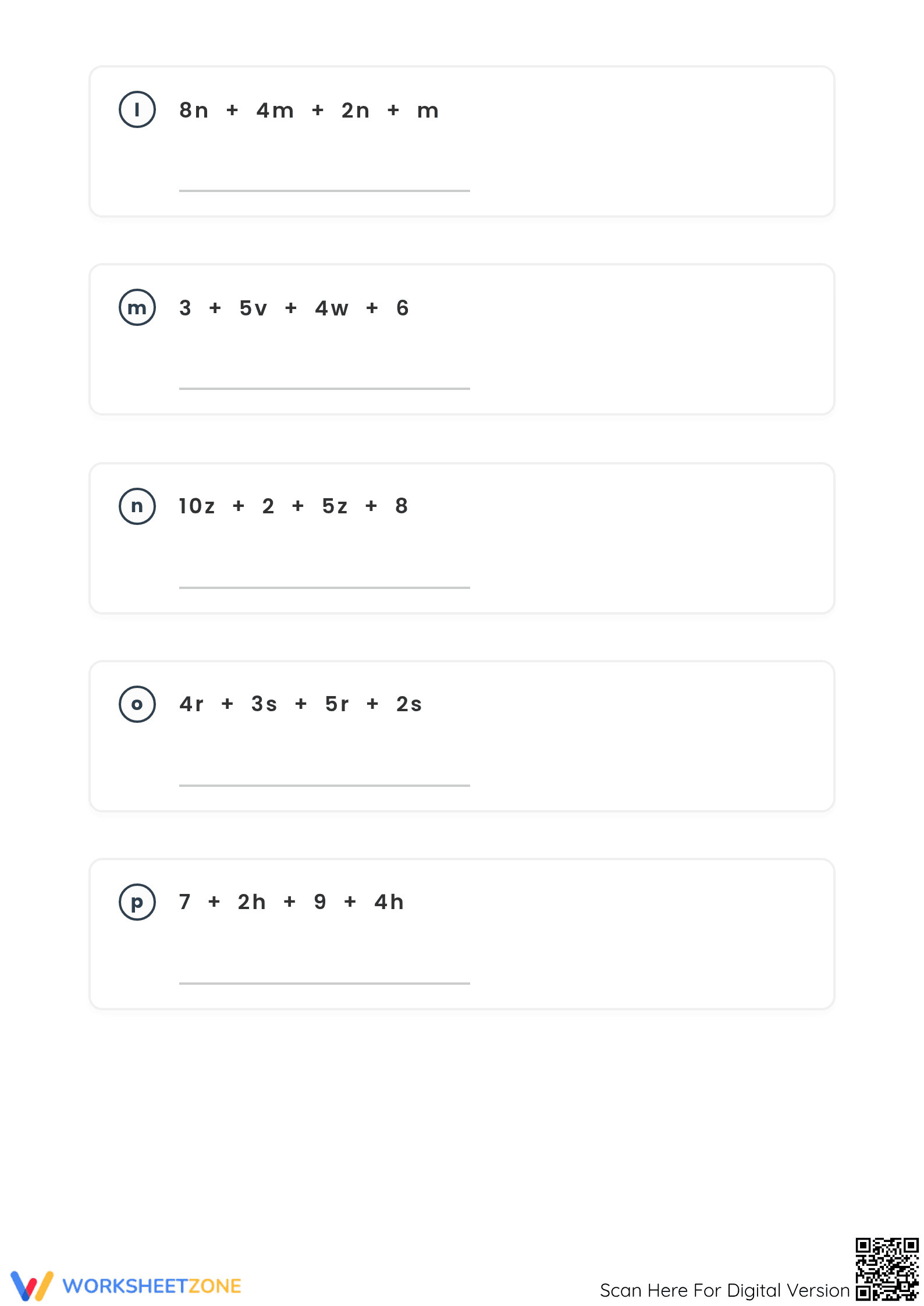 Printable Combining Like Terms Worksheet | Grade 6-7 - Page 4