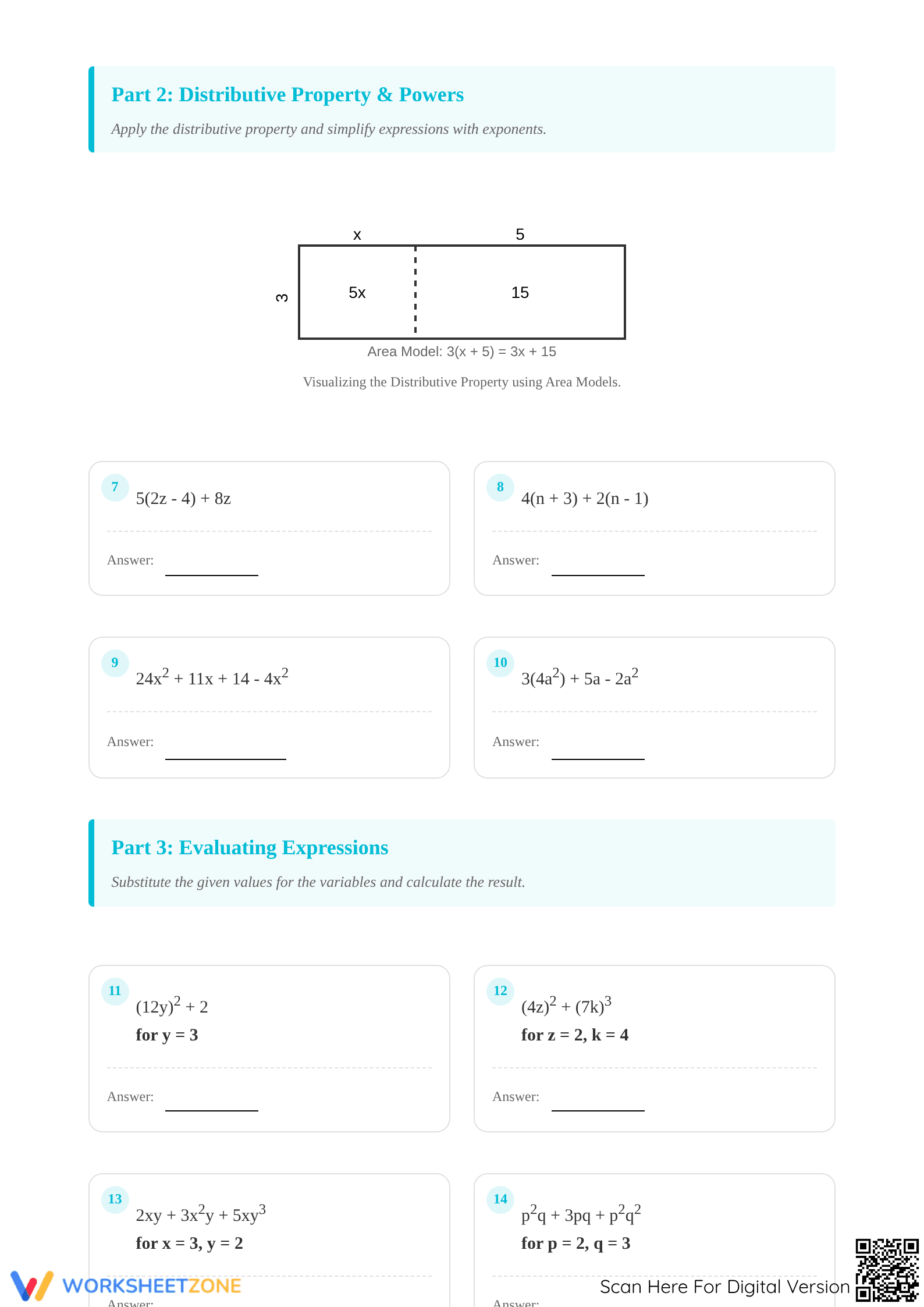 Printable Equivalent Expressions Worksheet: Grade 6 Math - Page 2