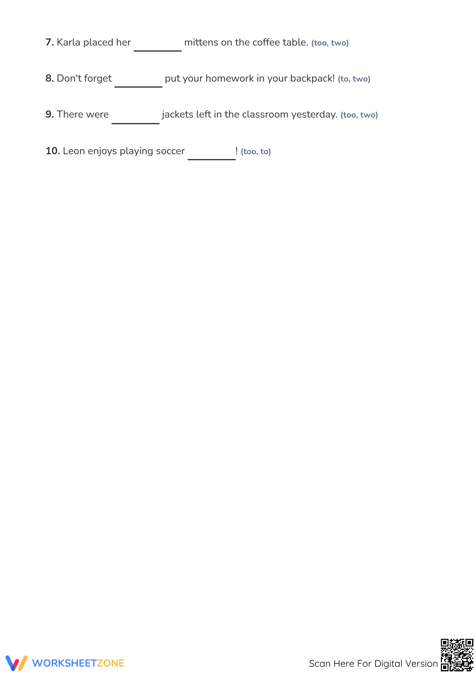 Essential Homophones Worksheet: To, Two, Too | Grade 4 - Page 2